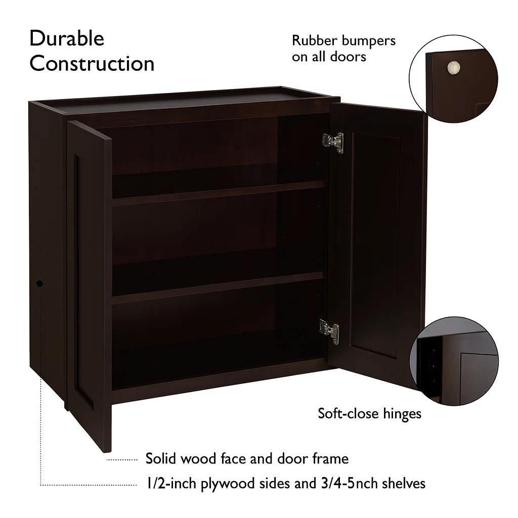 Design House Brookings Solid Wood Ready to Assemble Wall Kitchen Cabinet (30" x 12" x 36"), Espresso