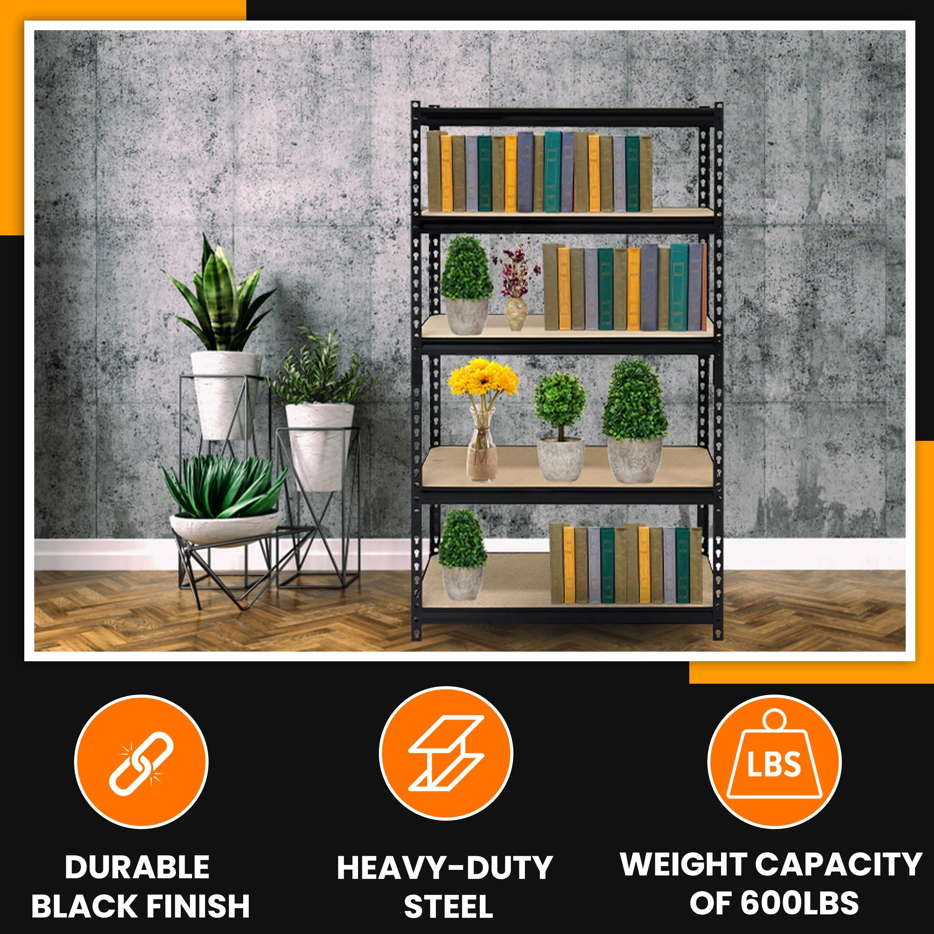 Juggernaut Storage 36"W x 18"D x 72"H 5-Shelf Steel Shelving, Black