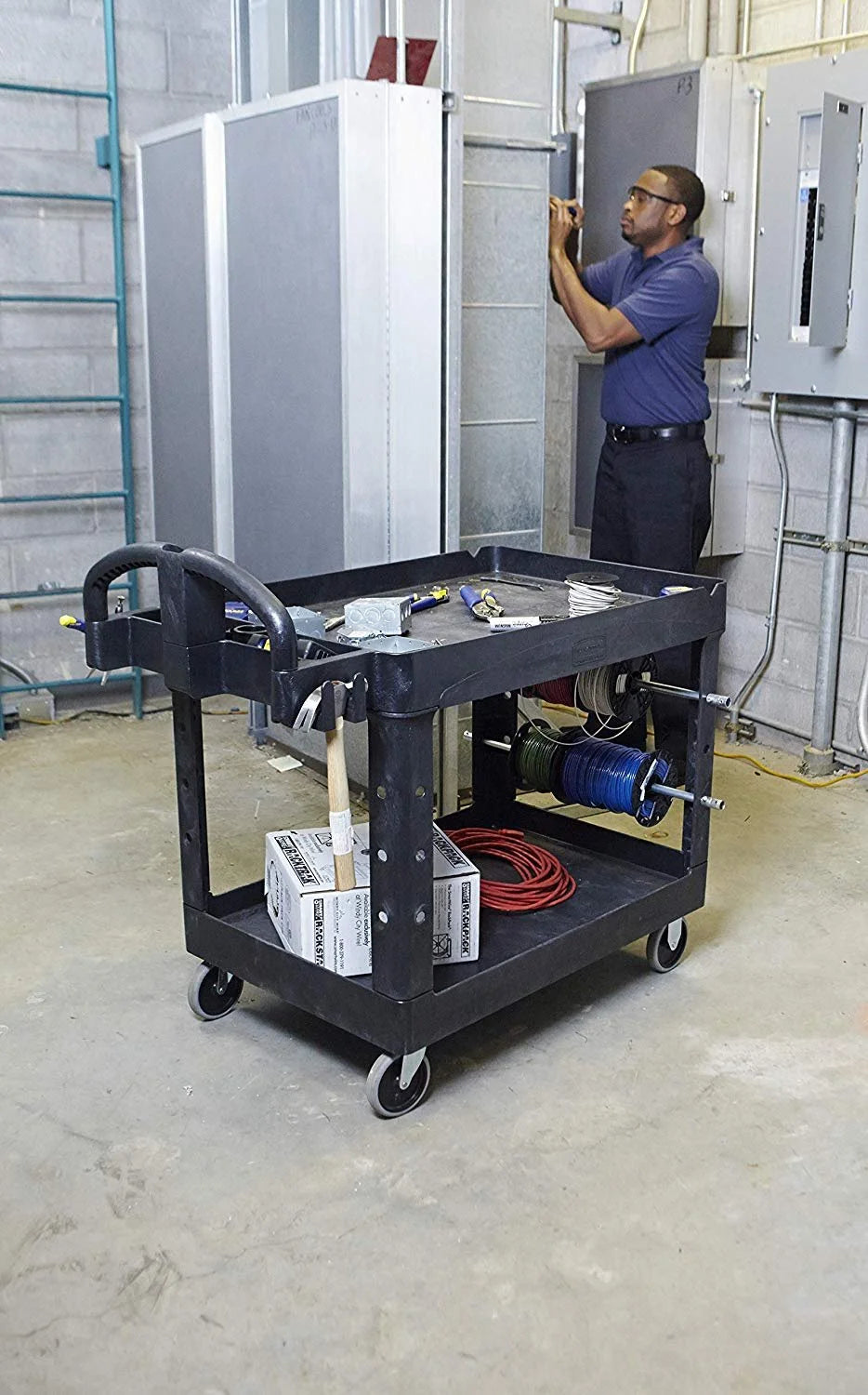 Rubbermaid Commercial Flat Shelf Utility Cart, Two-Shelf, 19.19w x 37.88d x 33.33h, Black -RCP450500BK