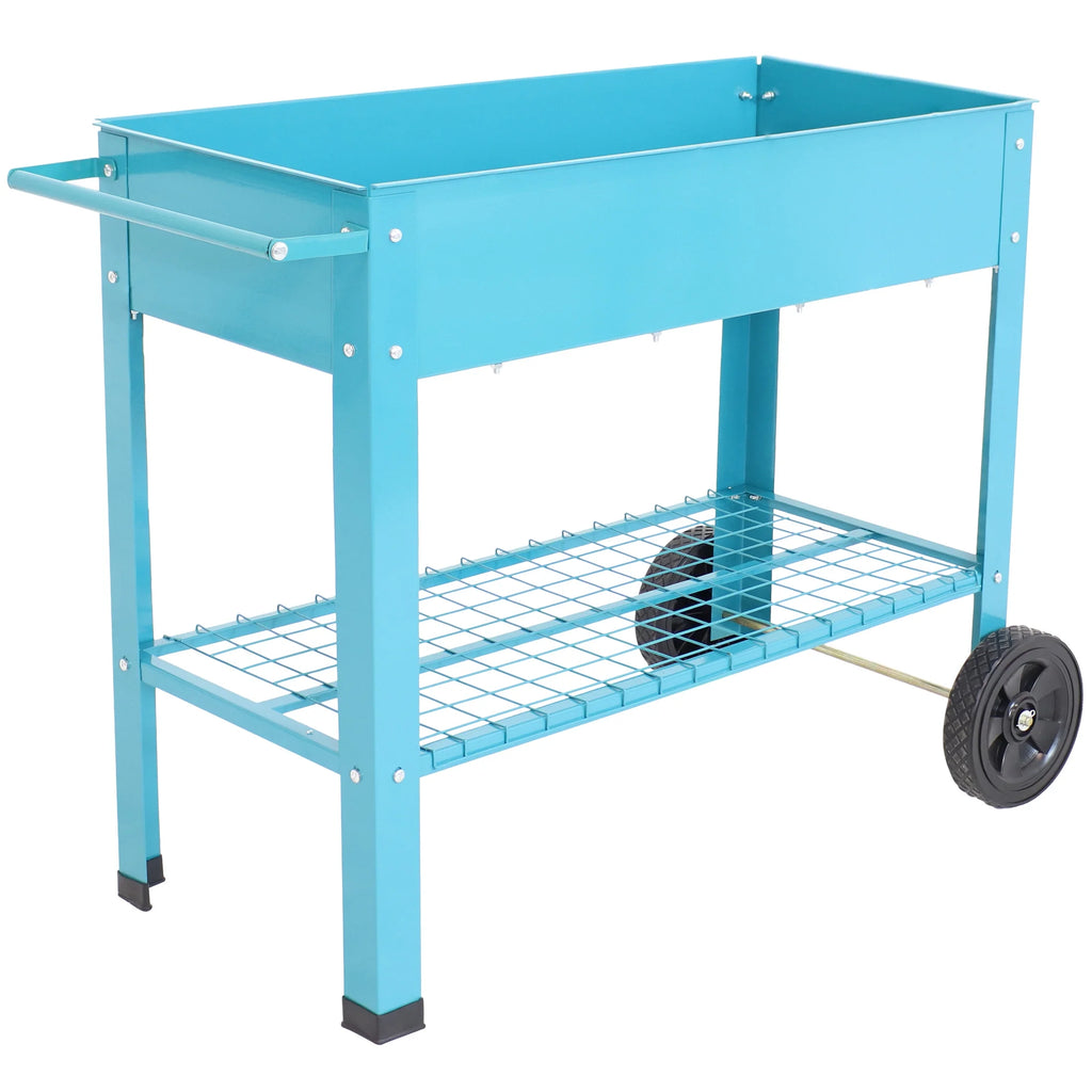 Sunnydaze 43.5" x 20.75" x 31.75" Blue Galvanized Steel Raised Garden Bed Cart with Wheels