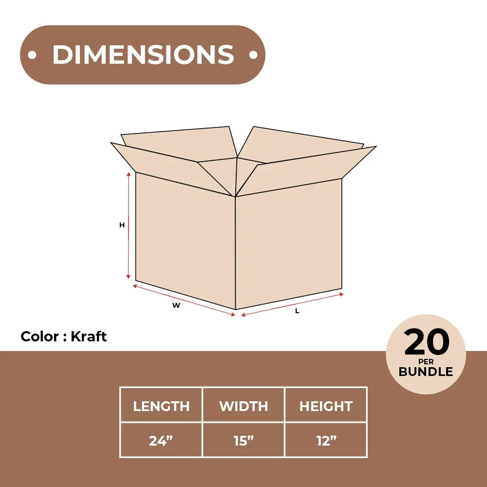 ShippingSuppliesByMail Corrugated Boxes, ECT-32, Extra Strength, Recycled, 24 x 15 x 12 Inches, Brown, Pack of 20