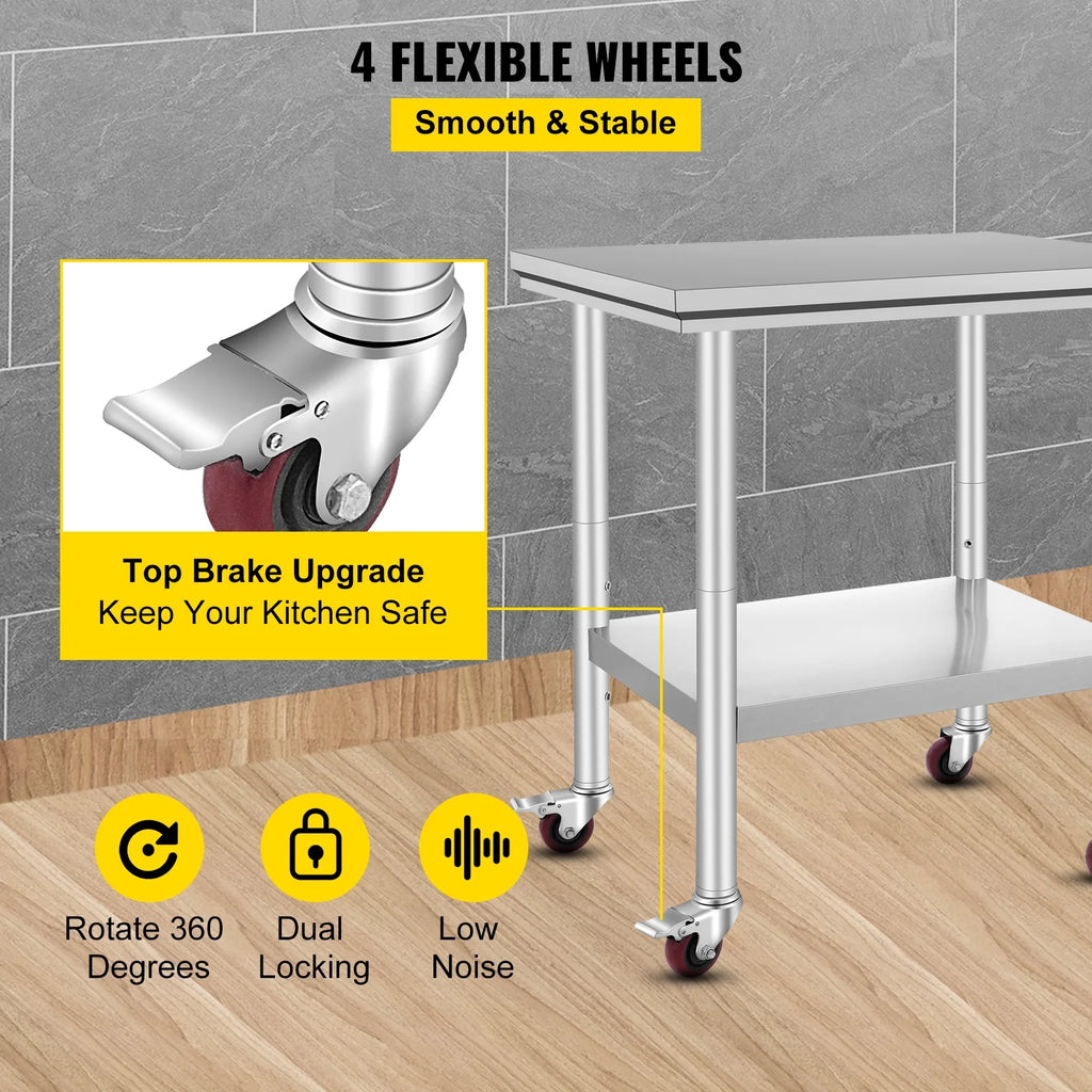 KFFKFF Stainless Steel Work Table with Wheels 24 x 30 Prep Table with casters Heavy Duty Work Table for Commercial Kitchen Restaurant Business (24 x 30 x 32 inch)