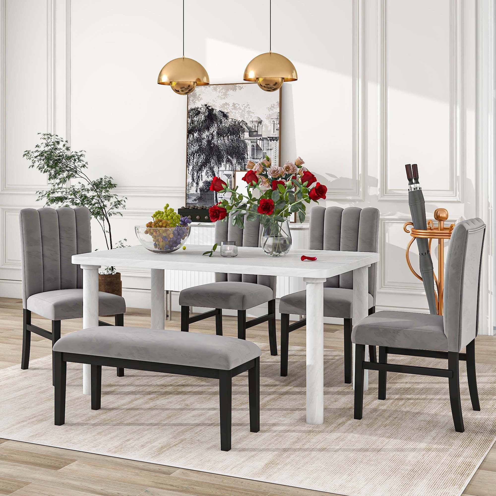 Set of 6 Marble Sticker Dining Table and 4 Velvet Upholstered Dining Chairs and Bench (White+Grey) Dimensions Table: 60"L x 36"W x 30"H Chair: 19.3"L x 20.5"W x 37.8"H