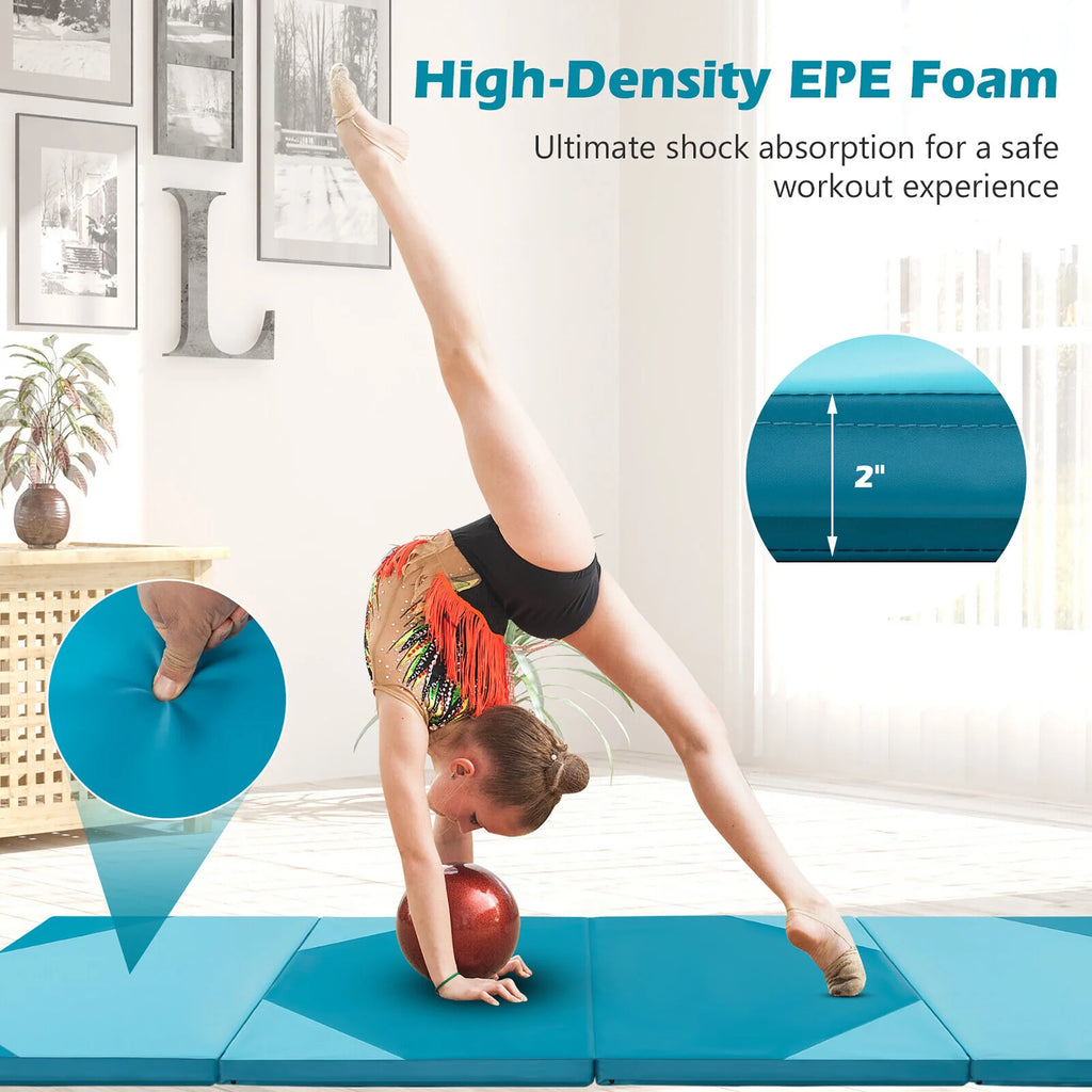Gymax 10' x 4' x 2'' 4-Panel Folding Gymnastics Exercise Mat w/ Hook & Loop Fasteners Blue