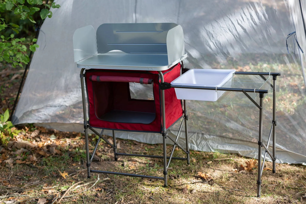 Trail Deluxe Camping Kitchen with Storage, Silver and Red, 31 Height" x 13 width" x 8.25 length"