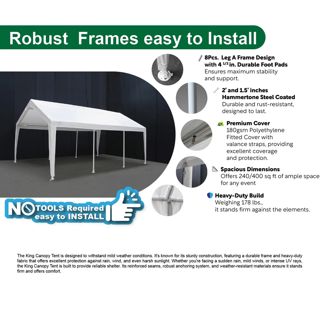 King Canopy Expandable Canopy 12' x 20' / 20' x 20', Steel Frame, 8-Leg, White