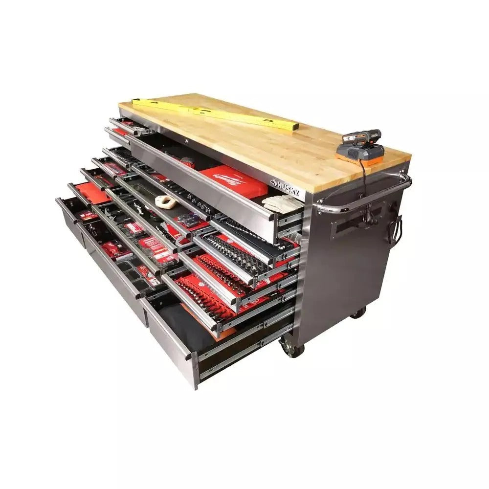 72 Inch Mobile Workbench with 18 Drawers - Stainless Steel Rolling Tool Cabinet with Wood Top