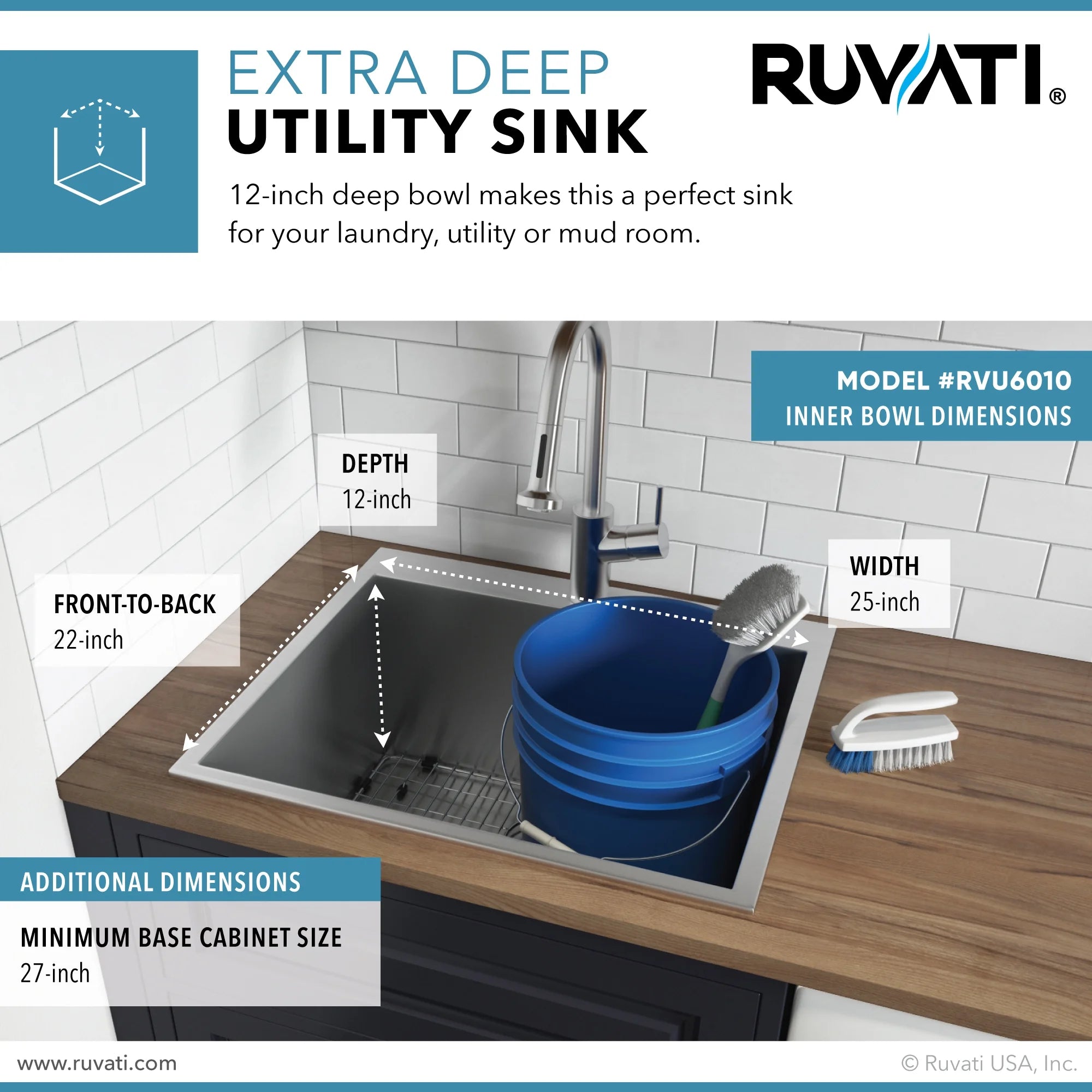 Ruvati RVU6010 25 x 22 x 12 in. Topmount Laundry Utility Sink Deep 16 Gauge Stainless Steel