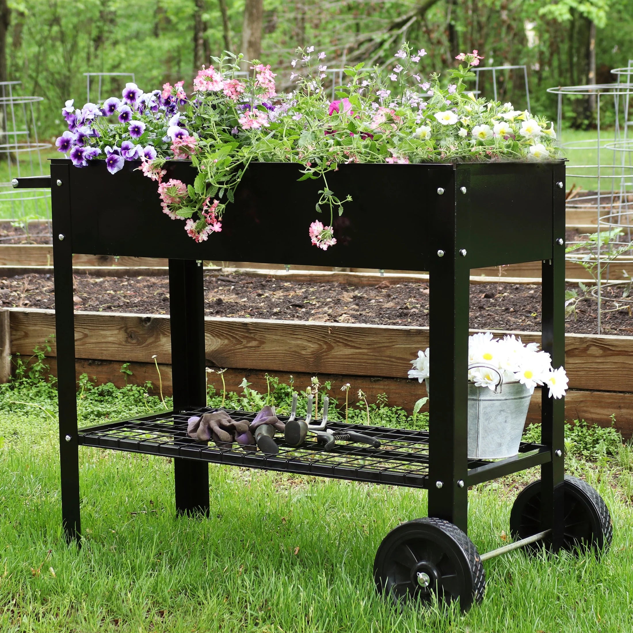 Sunnydaze 43.5" x 20.75" x 31.75" Blue Galvanized Steel Raised Garden Bed Cart with Wheels
