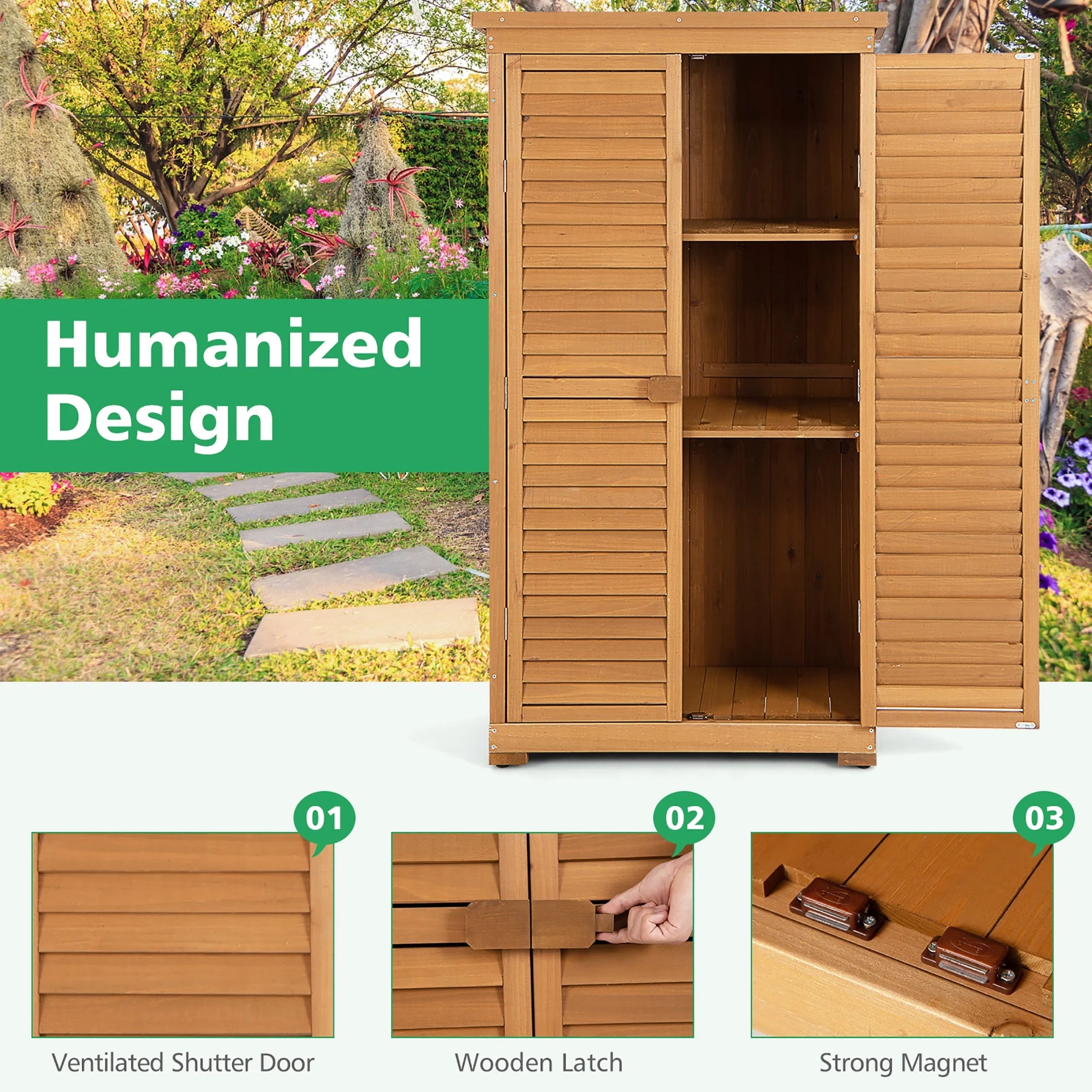 Costway Waterproof Fir Wood Storage Shed Garden, 34.5" x 16.5" x 63", Natural