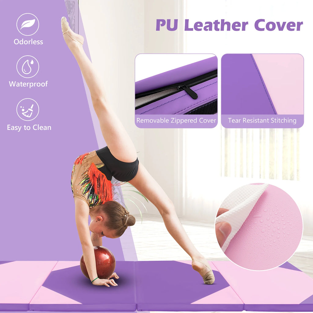 Gymax 10' x 4' x 2'' 4-Panel Folding Gymnastics Exercise Mat w/ Hook & Loop Fasteners Blue