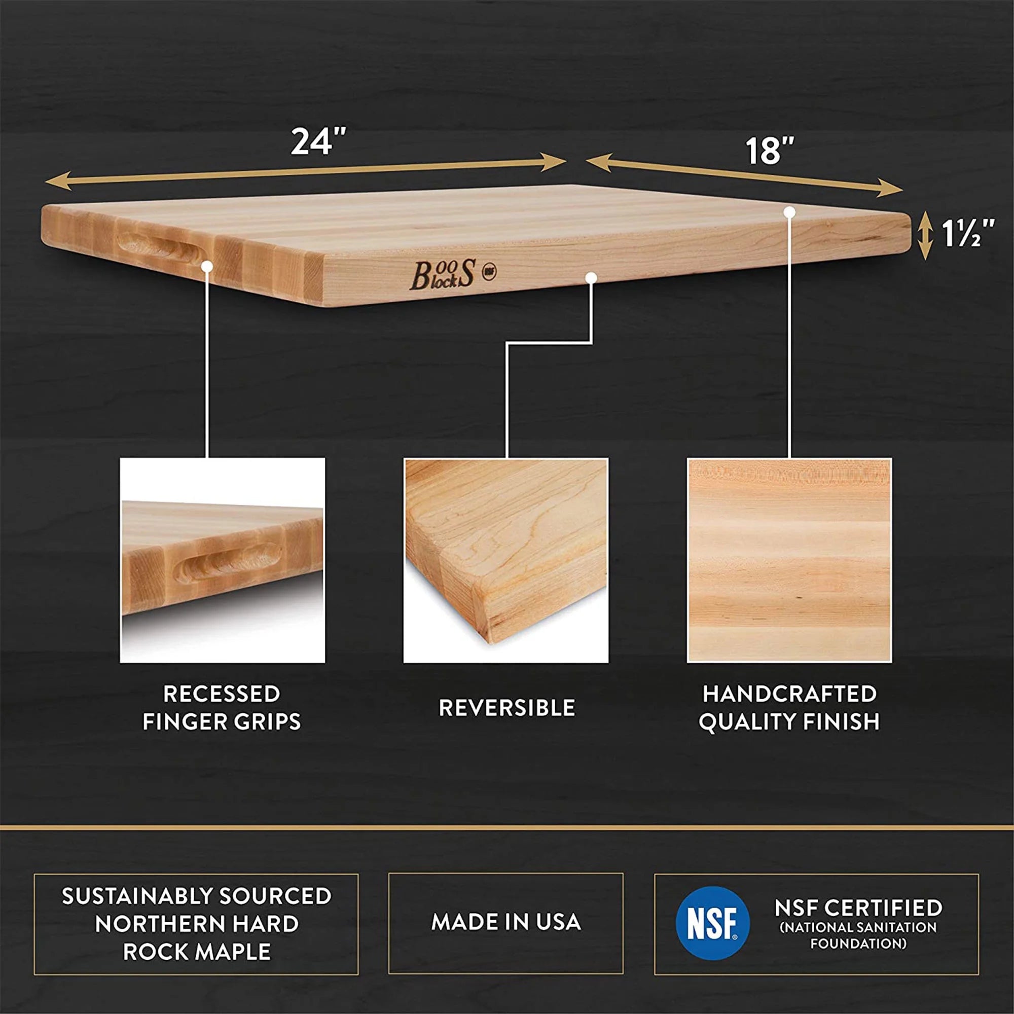 John Boos R-Board Reversible Wood Cutting Board, 18" x 12" x 1 1/2", Cherry