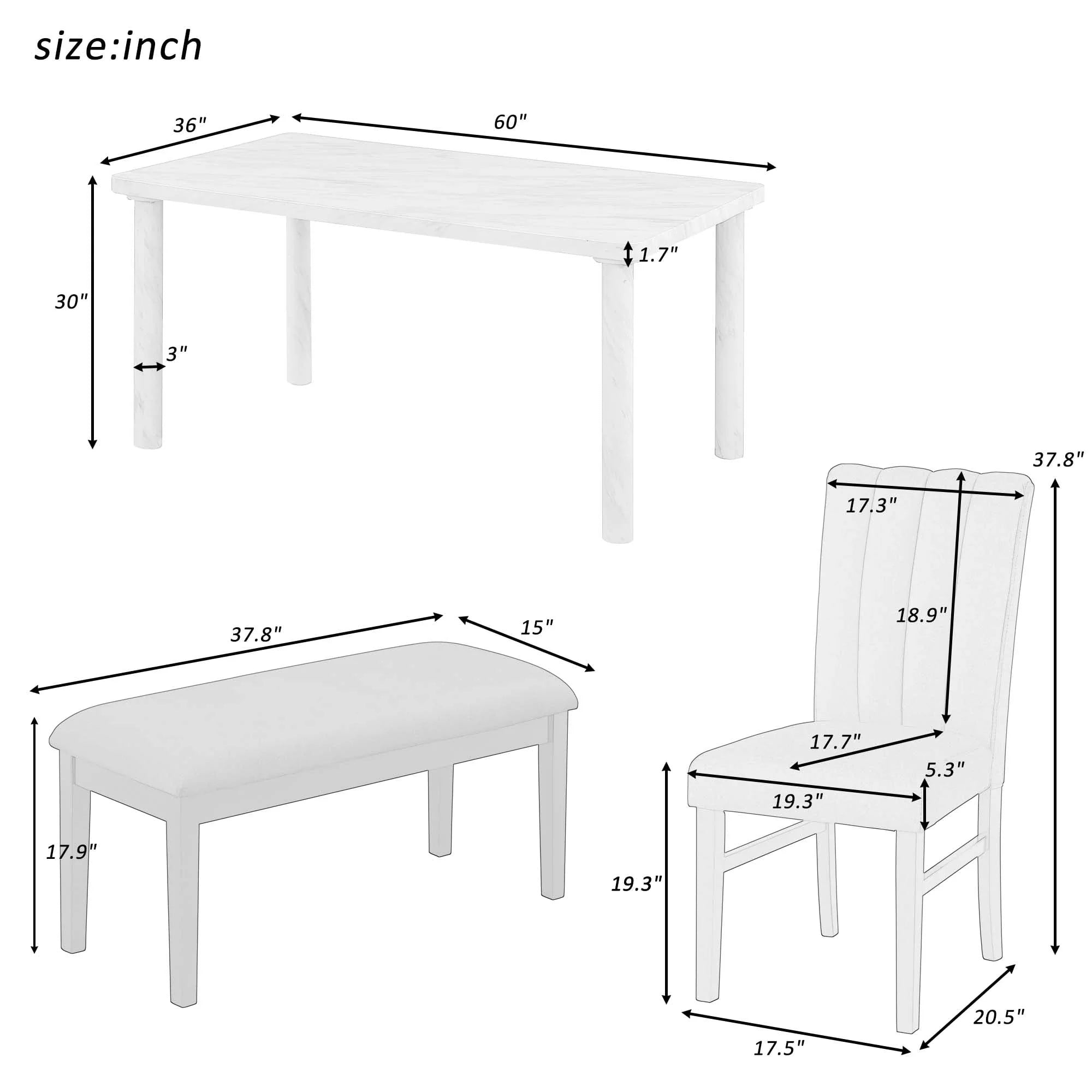 Set of 6 Marble Sticker Dining Table and 4 Velvet Upholstered Dining Chairs and Bench (White+Grey) Dimensions Table: 60"L x 36"W x 30"H Chair: 19.3"L x 20.5"W x 37.8"H