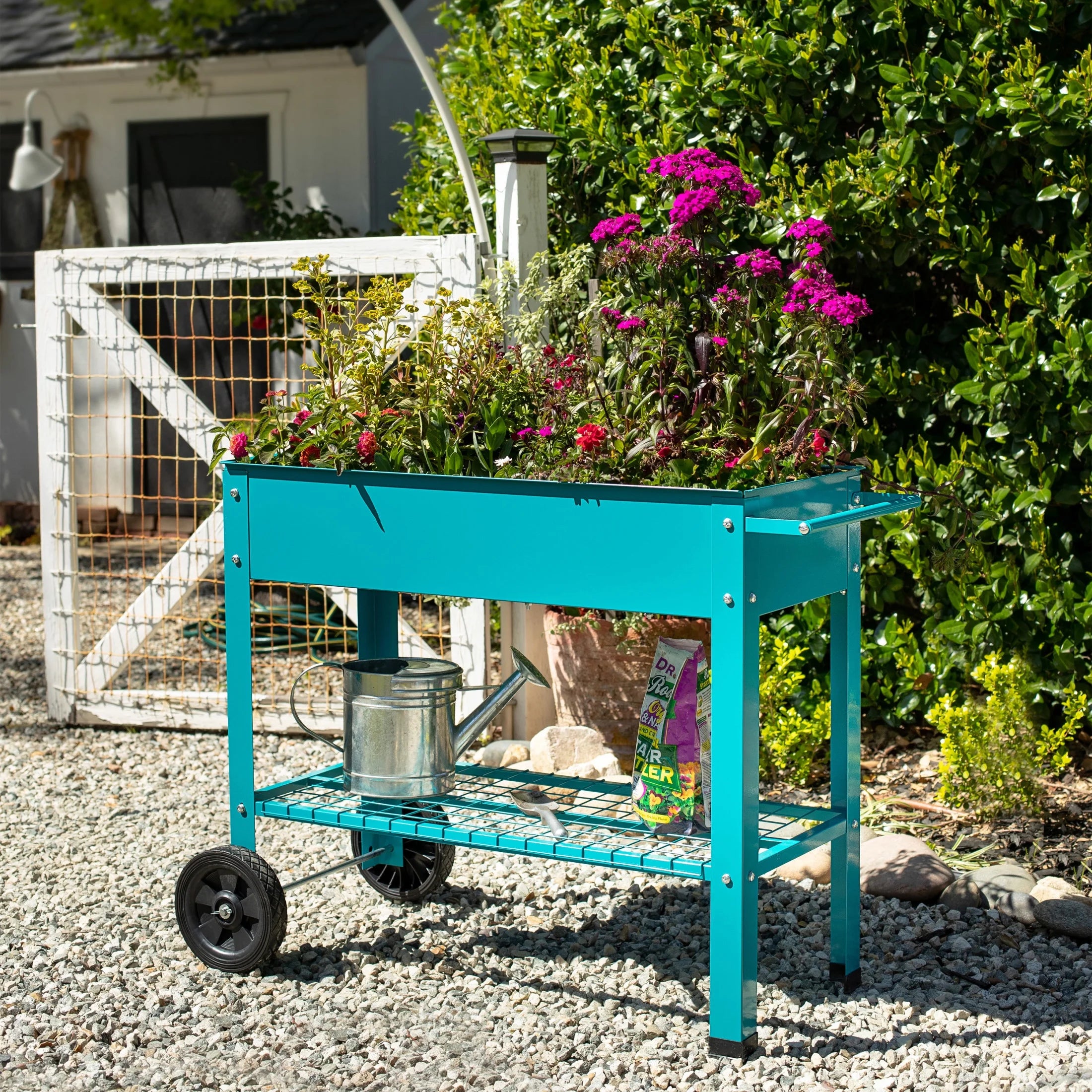 Sunnydaze 43.5" x 20.75" x 31.75" Blue Galvanized Steel Raised Garden Bed Cart with Wheels