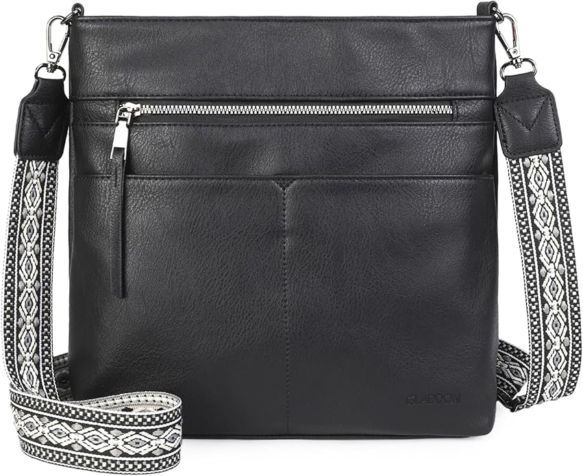 Women's shoulder bag, casual multi-compartment handbag with a wide jacquard strap.