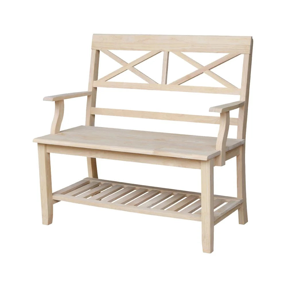 Double X-Back Bench With Arms and Shelf