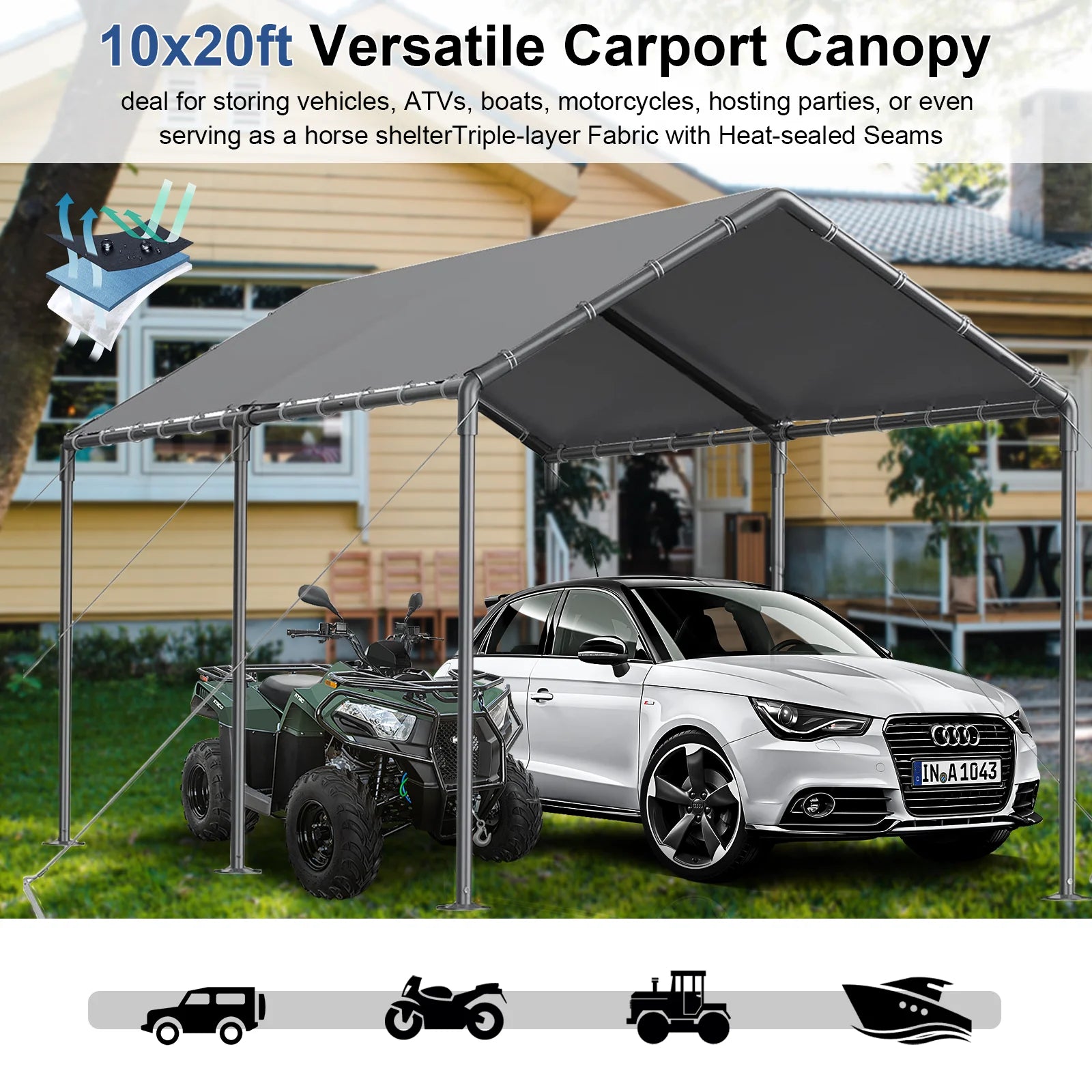 TANGJEAMER 10.00 x 20.00 x 9.20 Feet Beige Carport