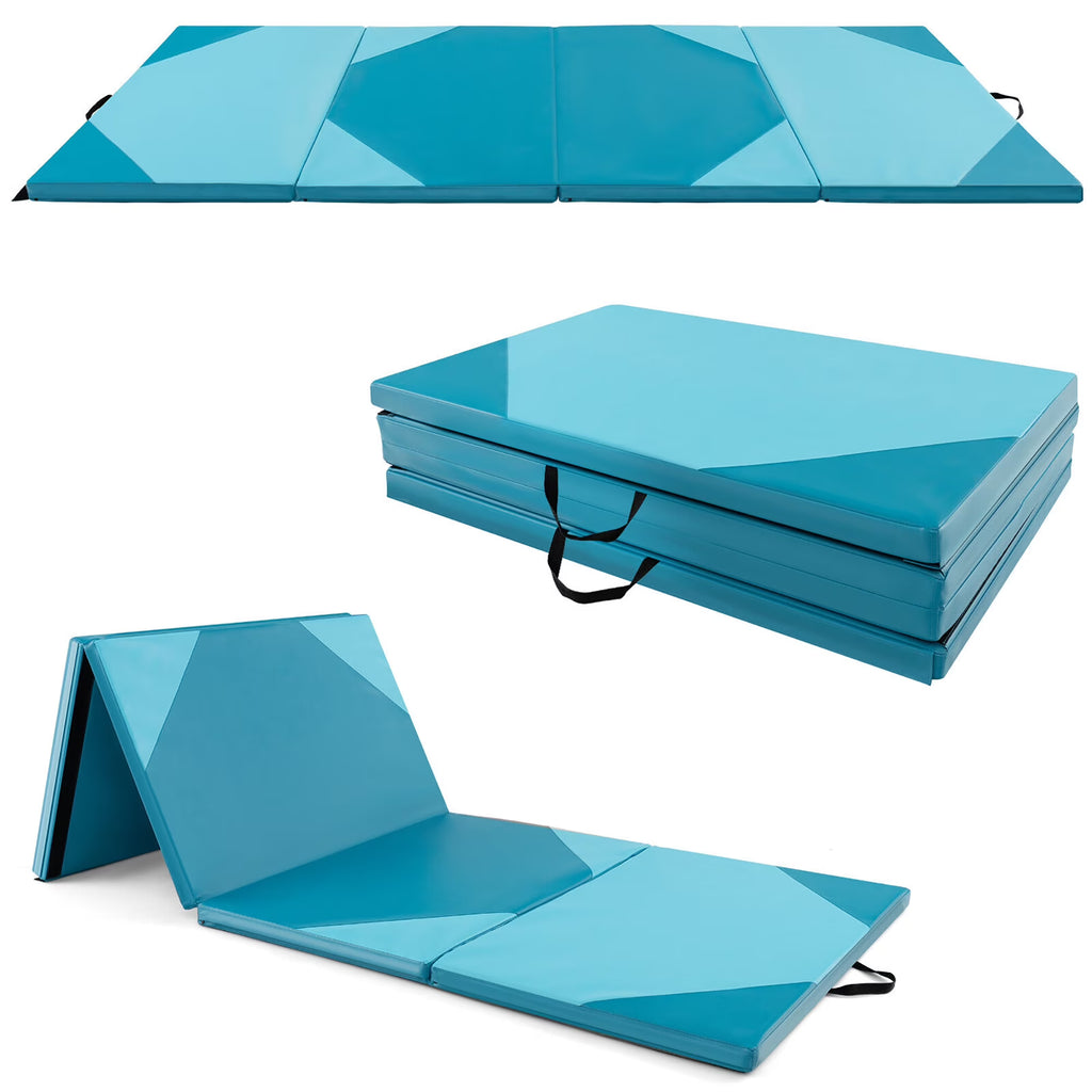 Gymax 10' x 4' x 2'' 4-Panel Folding Gymnastics Exercise Mat w/ Hook & Loop Fasteners Blue
