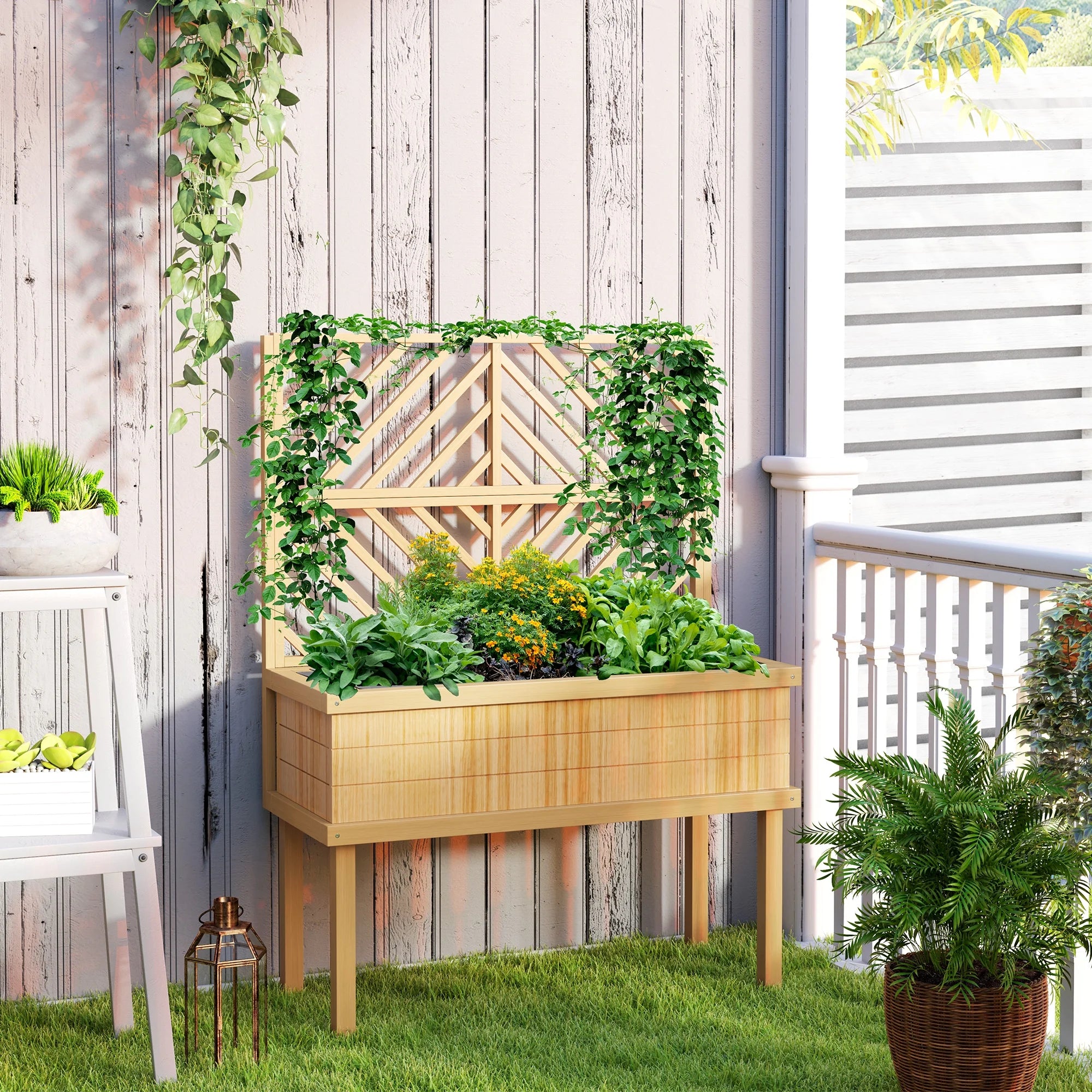 GHooa Raised Garden Bed with Trellis for Climbing Plants 41.25" W x 17.75" D x 55" H-Gray