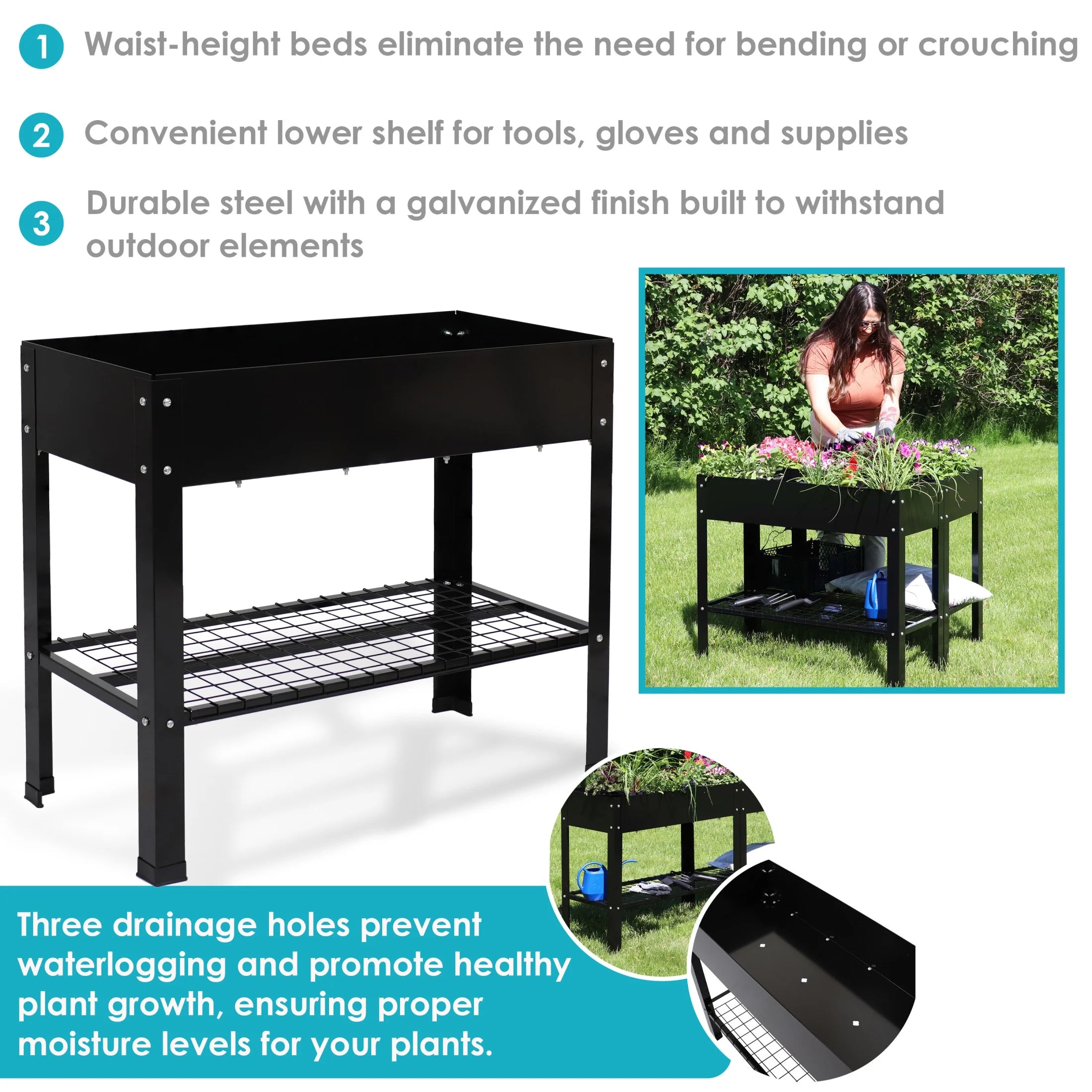 Sunnydaze 35.75" x 16" x 31.75" Black Galvanized Steel Raised Garden Bed, Set of 2