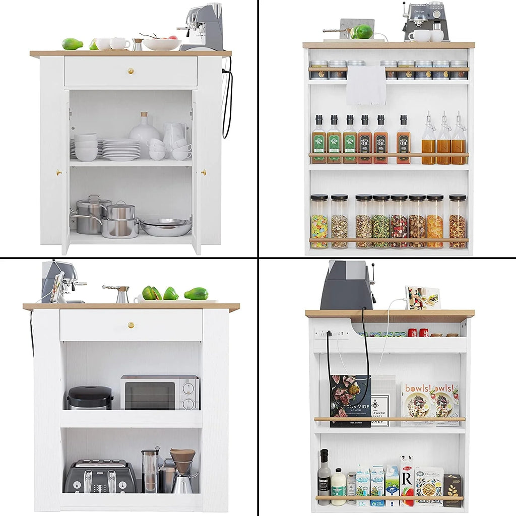 IRONCK Kitchen Island with Large Storage Space and Charging Station, 29.5"D x 39"W x 38"H, White