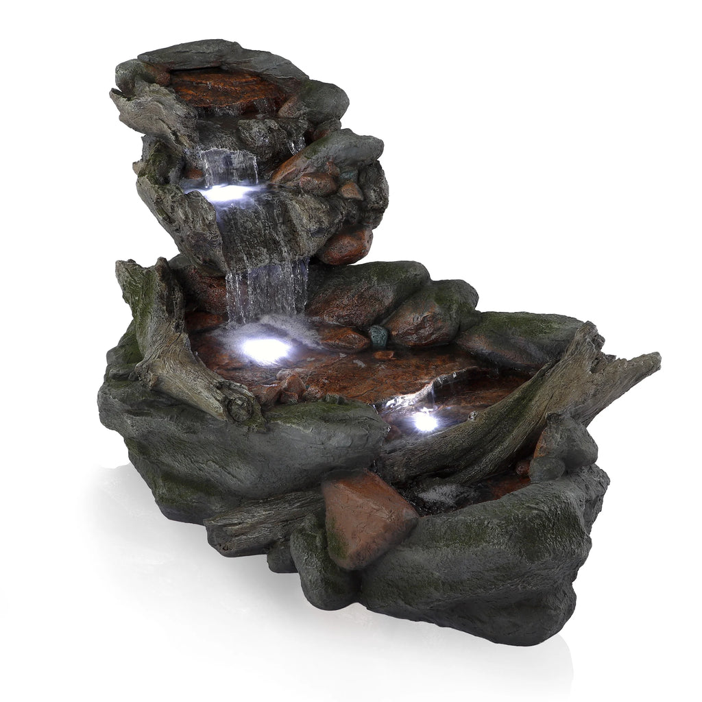 Alpine Corporation 59" x 16" x 20" Polystone Light-Up Cascading Floor Pump Fountain, Brown
