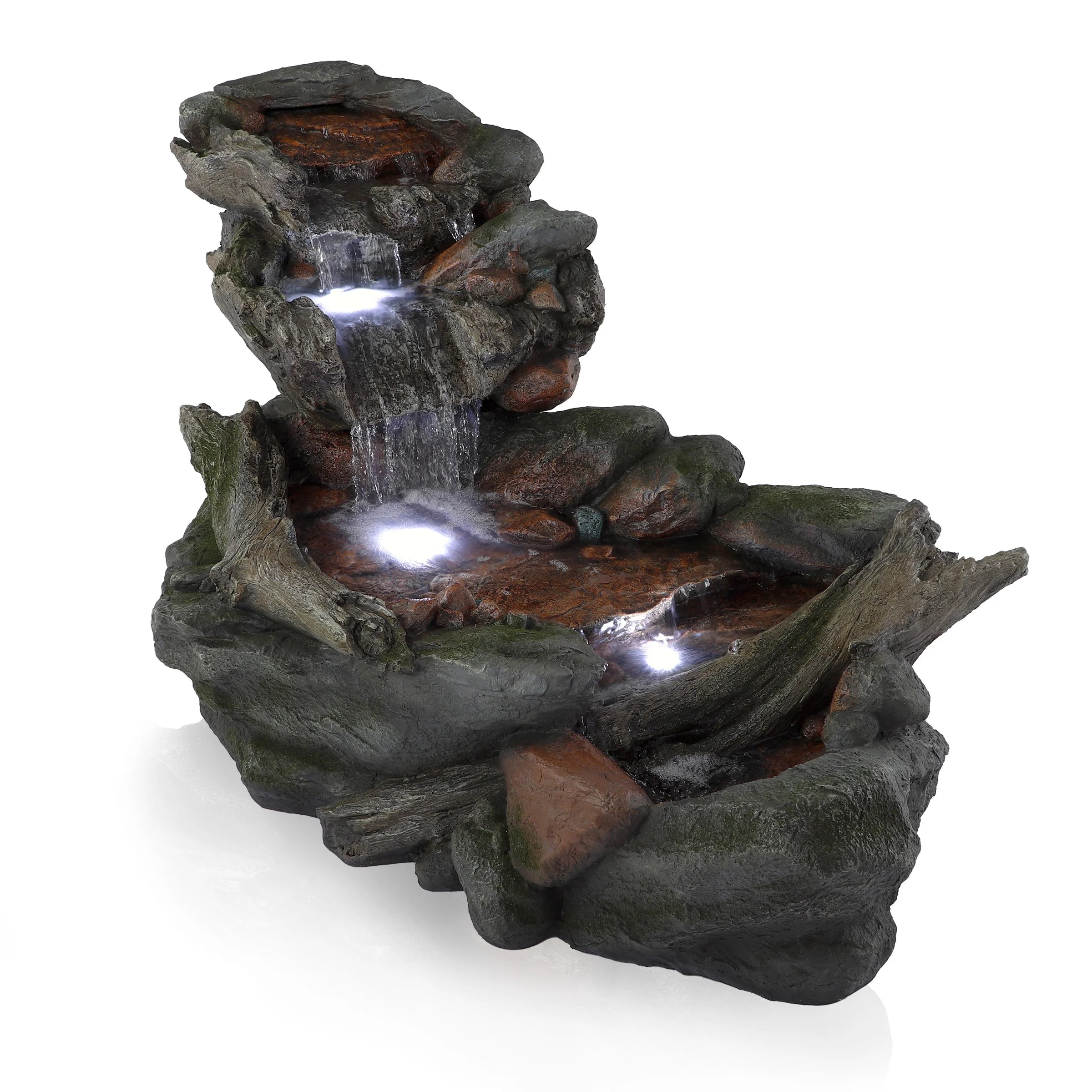 Alpine Corporation 59" x 16" x 20" Polystone Light-Up Cascading Floor Pump Fountain, Brown
