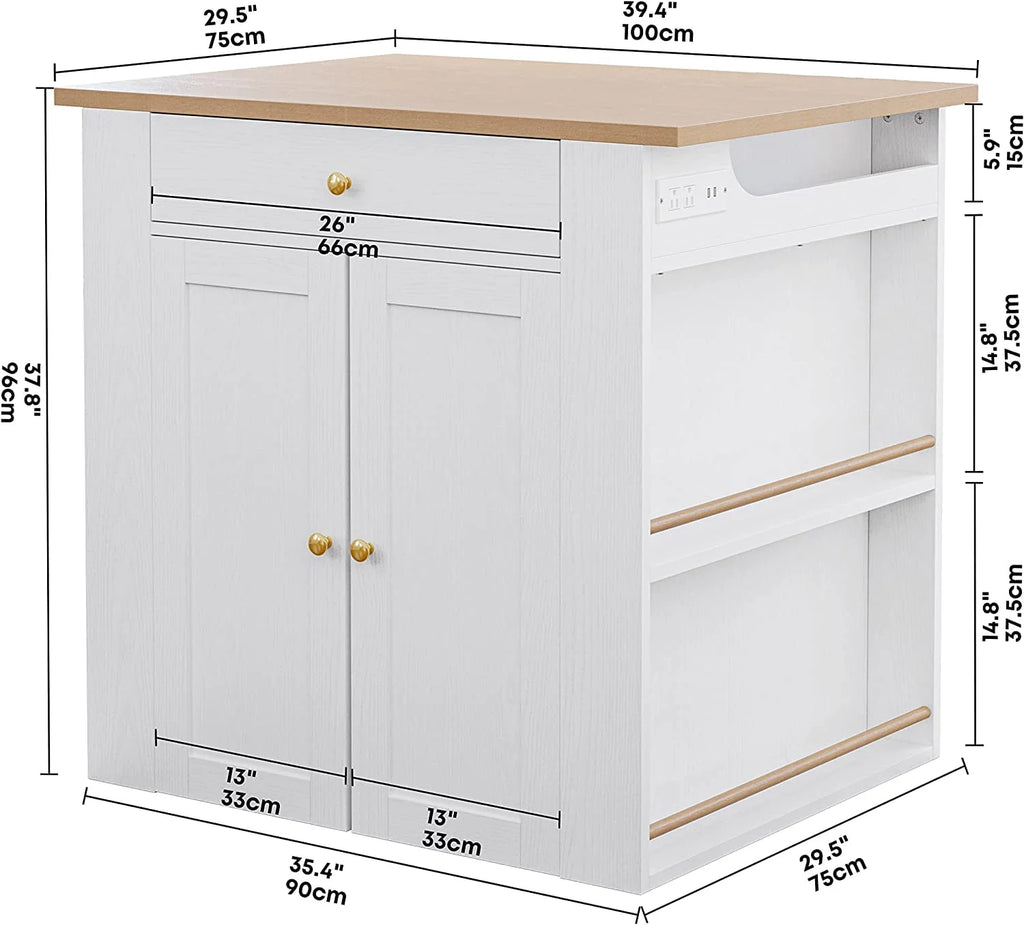 IRONCK Kitchen Island with Large Storage Space and Charging Station, 29.5"D x 39"W x 38"H, White