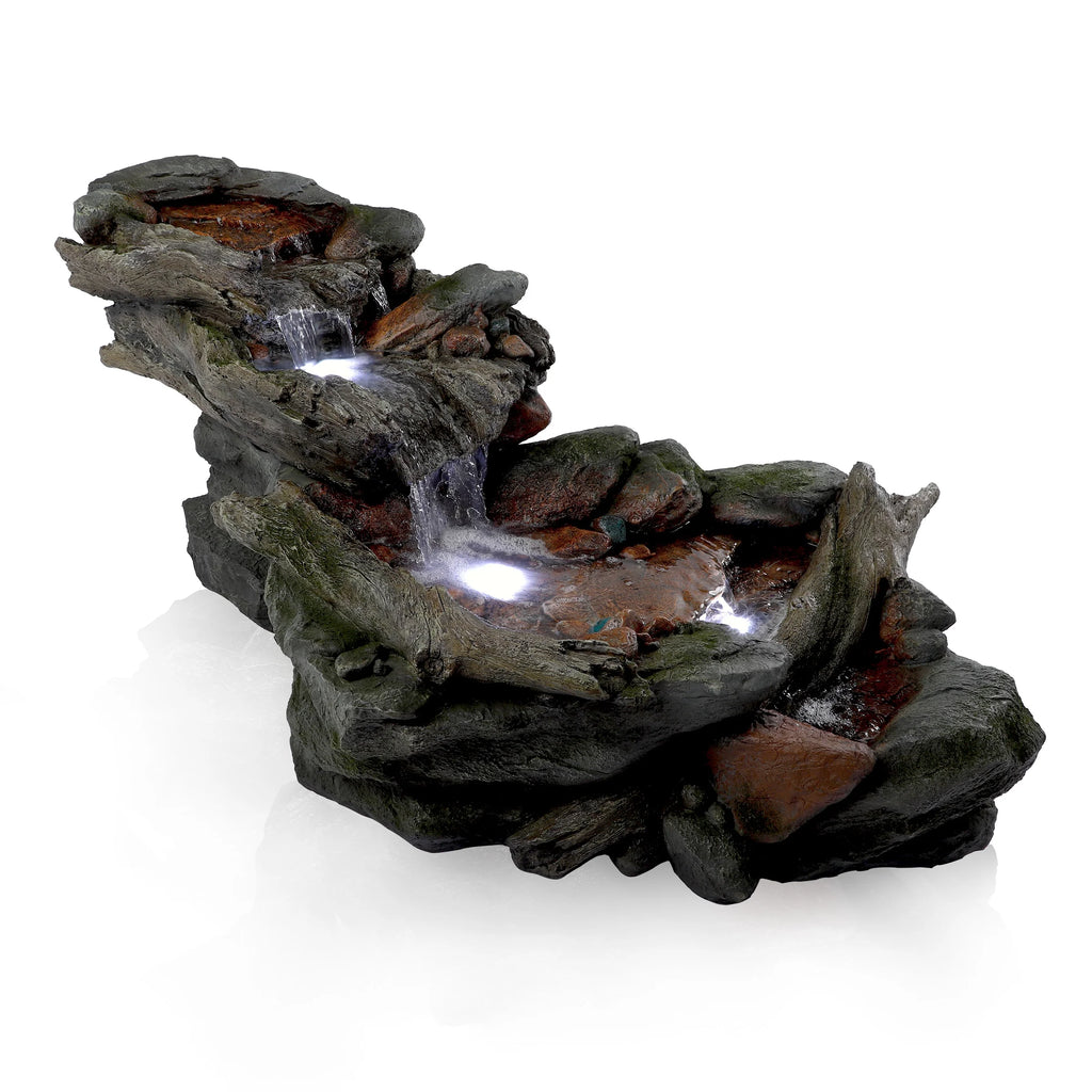 Alpine Corporation 59" x 16" x 20" Polystone Light-Up Cascading Floor Pump Fountain, Brown