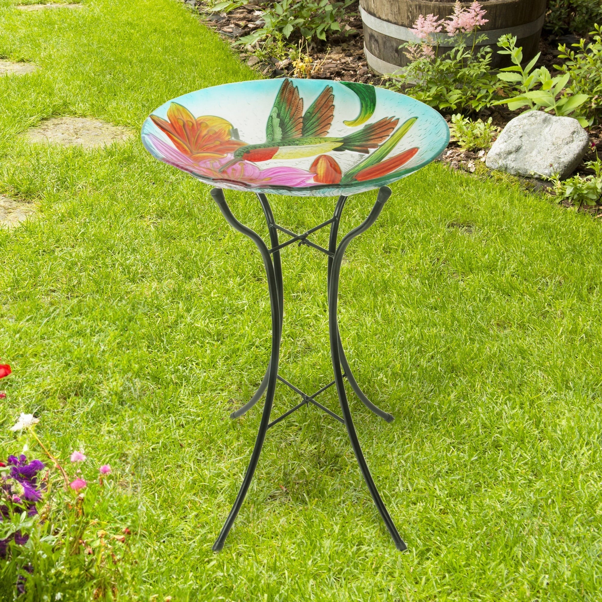 Teamson Home 18" Outdoor Glass Flower and Hummingbird Birdbath with Stand, Multicolor 45.7 x 45.7 x 53.8