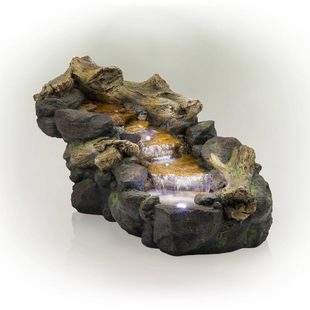 Alpine Corporation 59" x 16" x 20" Polystone Light-Up Cascading Floor Pump Fountain, Brown