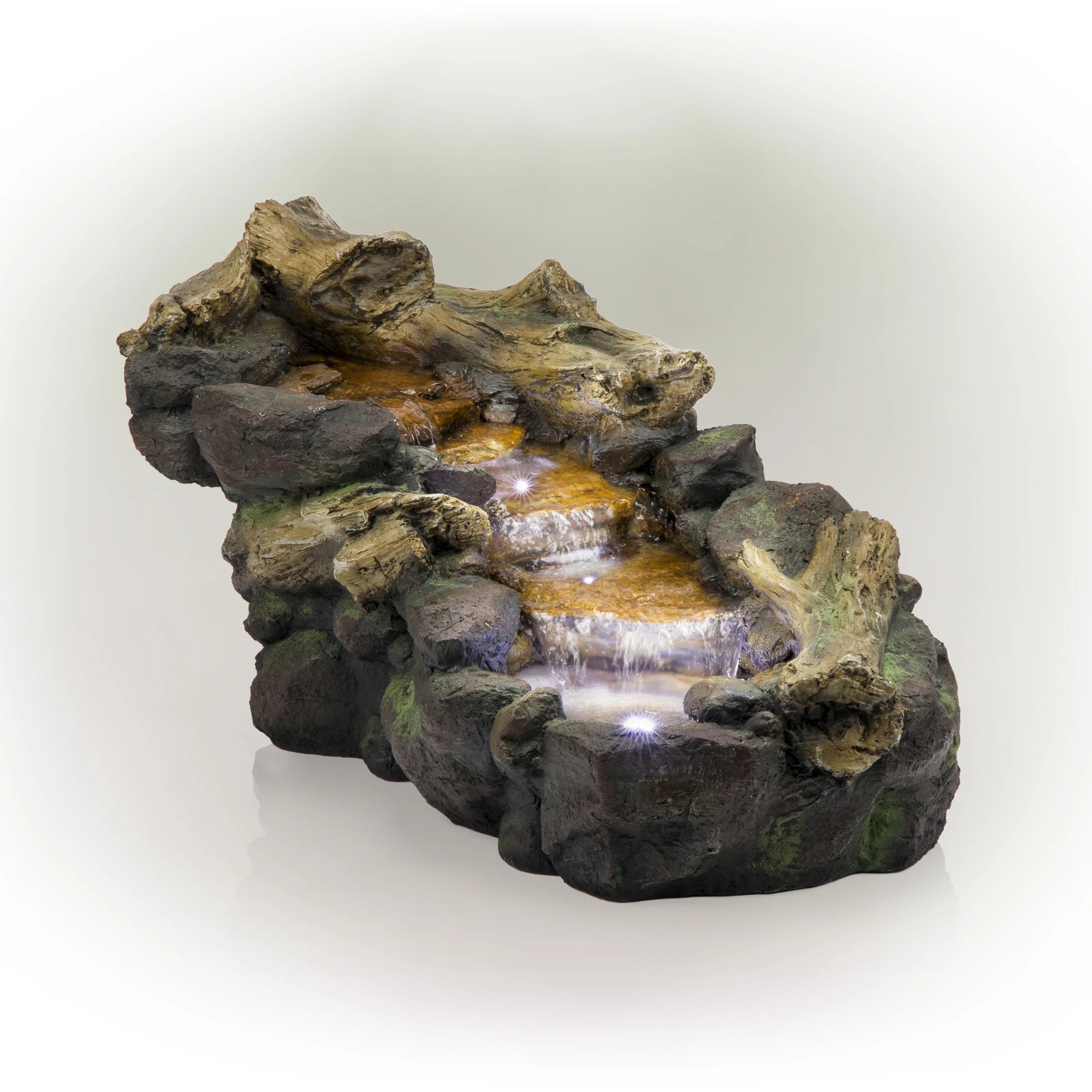 Alpine Corporation 59" x 16" x 20" Polystone Light-Up Cascading Floor Pump Fountain, Brown