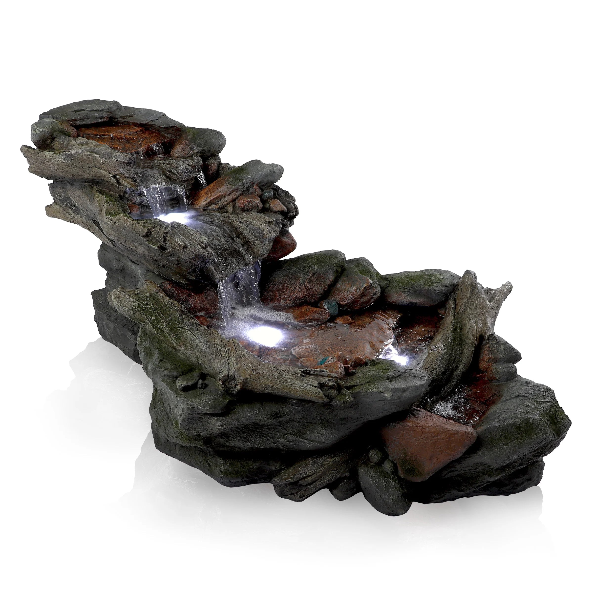Alpine Corporation 59" x 16" x 20" Polystone Light-Up Cascading Floor Pump Fountain, Brown