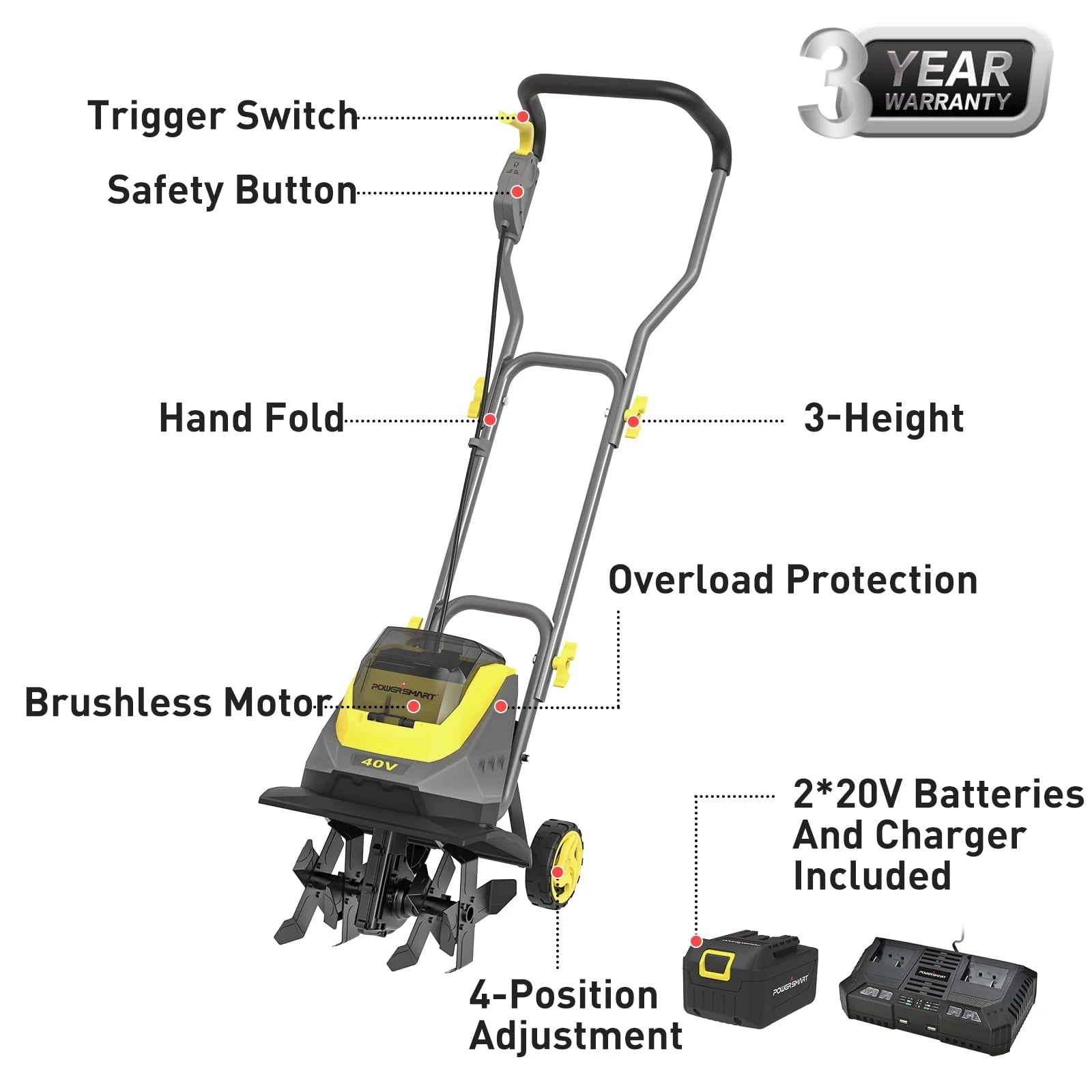 PowerSmart 40V 12-inch Cordless Garden Tiller/Cultivator , 23.4 x 14 x 12.8 inches
