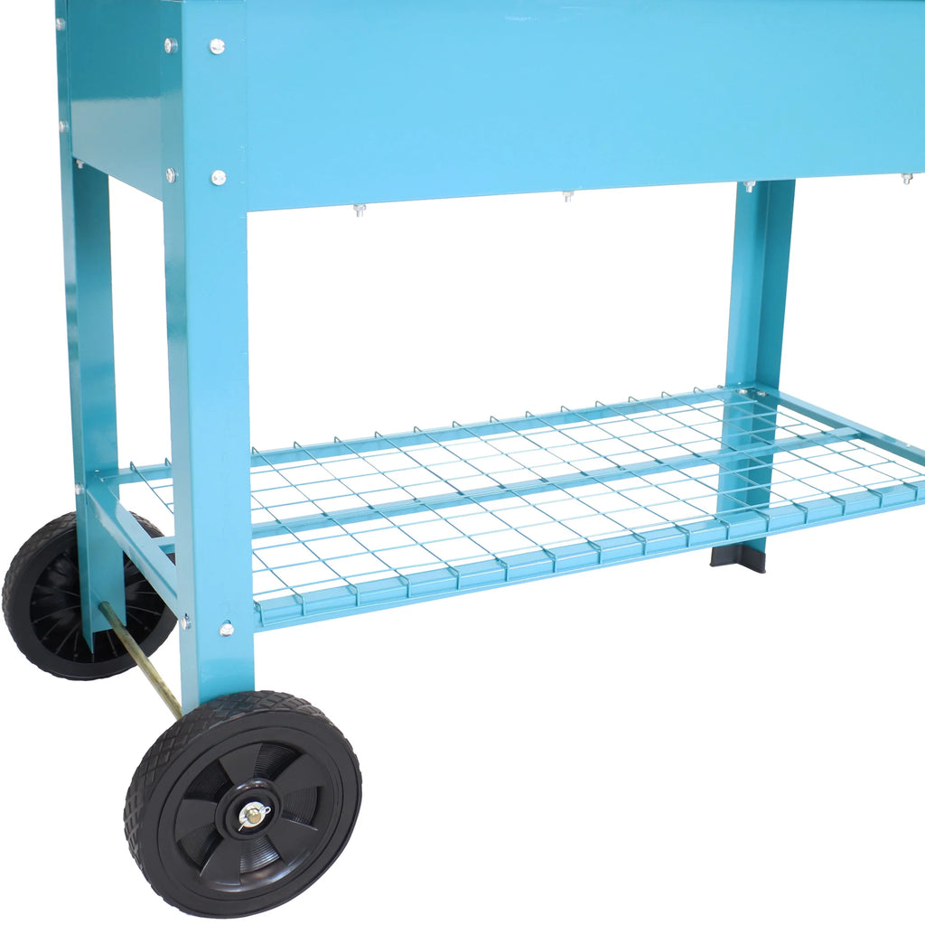 Sunnydaze 43.5" x 20.75" x 31.75" Blue Galvanized Steel Raised Garden Bed Cart with Wheels