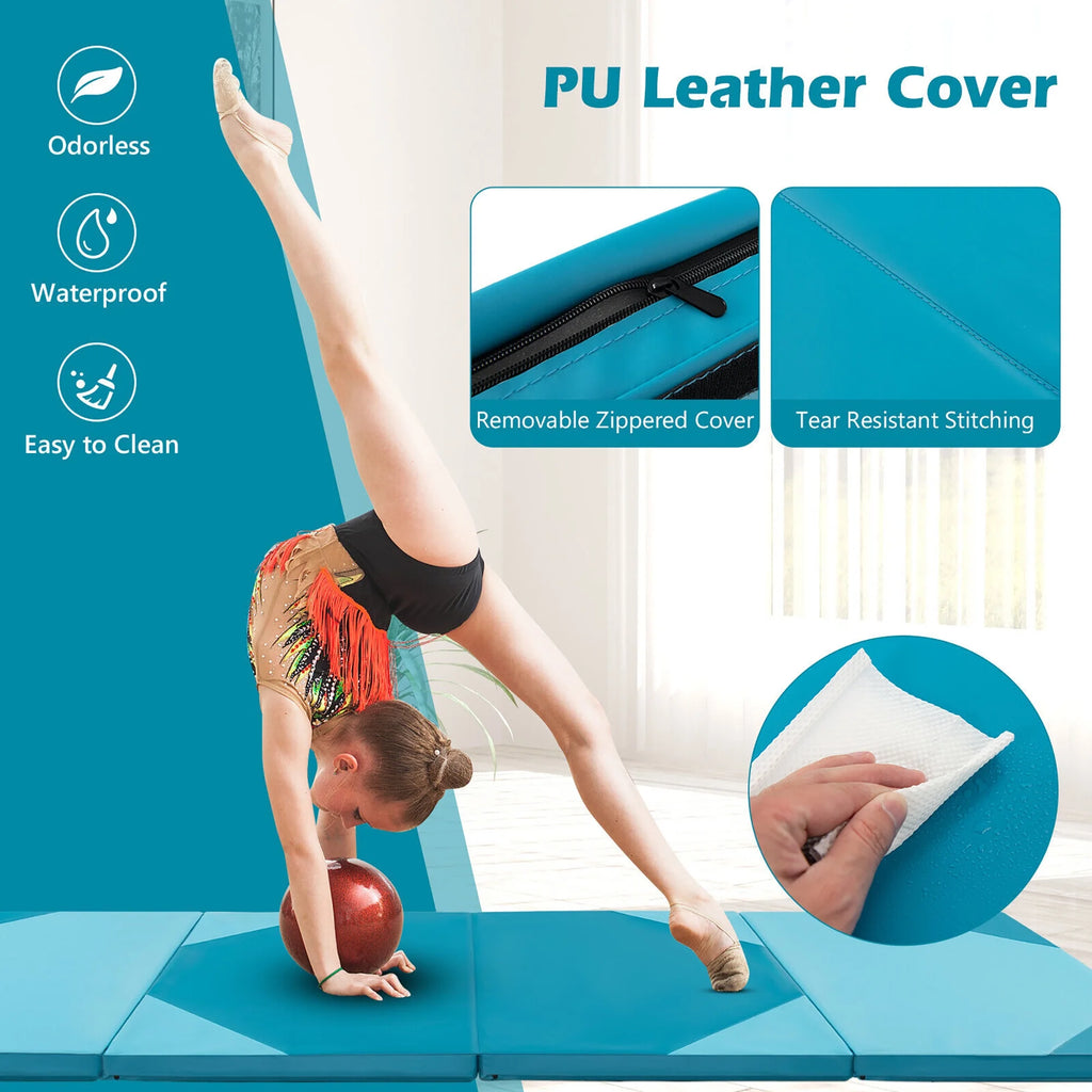 Gymax 10' x 4' x 2'' 4-Panel Folding Gymnastics Exercise Mat w/ Hook & Loop Fasteners Blue