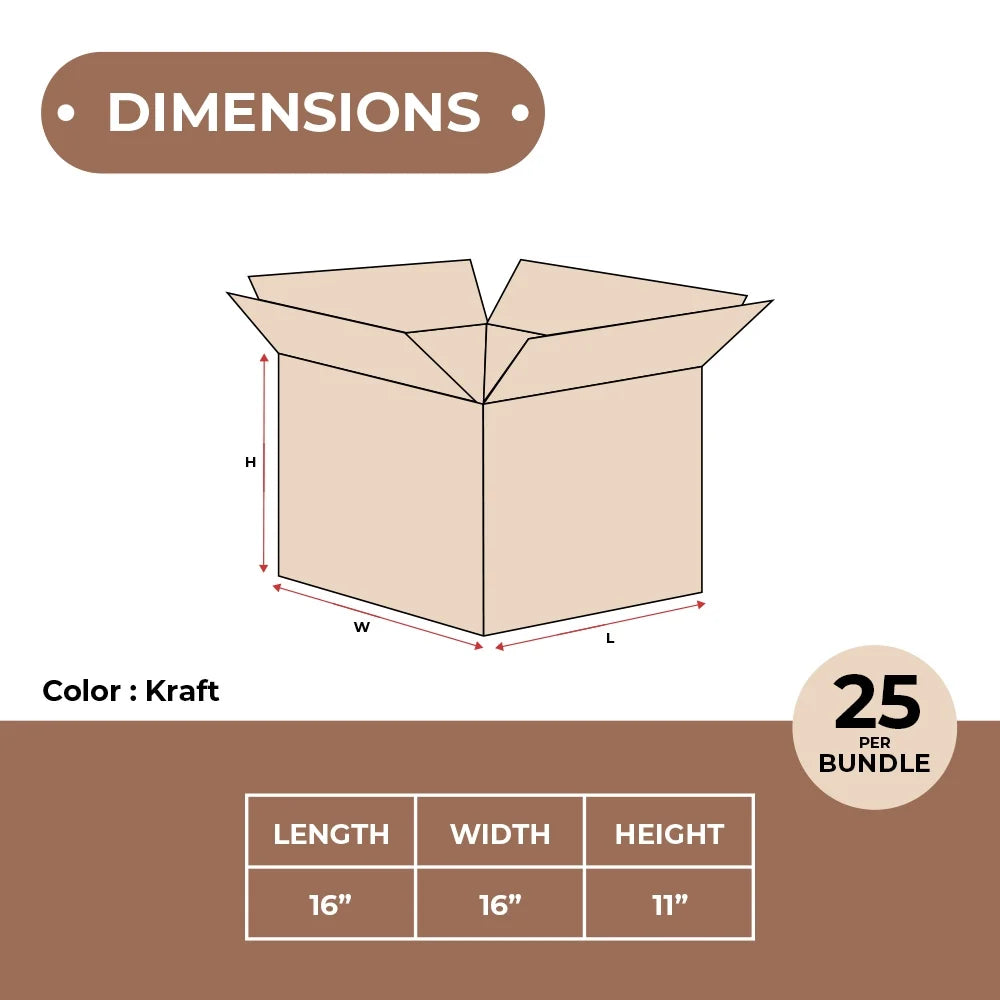 Corrugated Boxes 16 x 16 x 11" ECT-32 Brown Shipping/Moving Boxes 25/Bundle