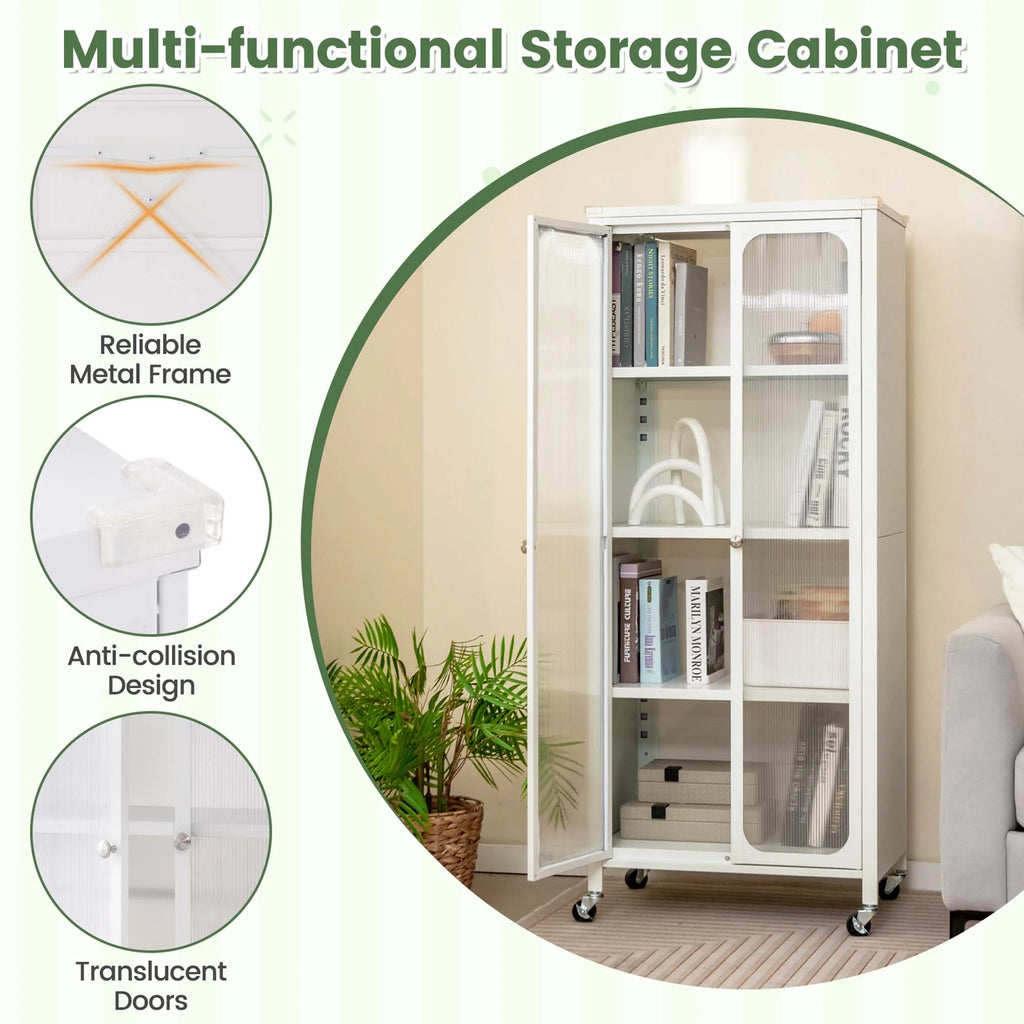 Costway Storage Cabinet with Wheels & 2 Translucent Doors Adjustable Shelves Sideboard 24" x 14.5" x 58"