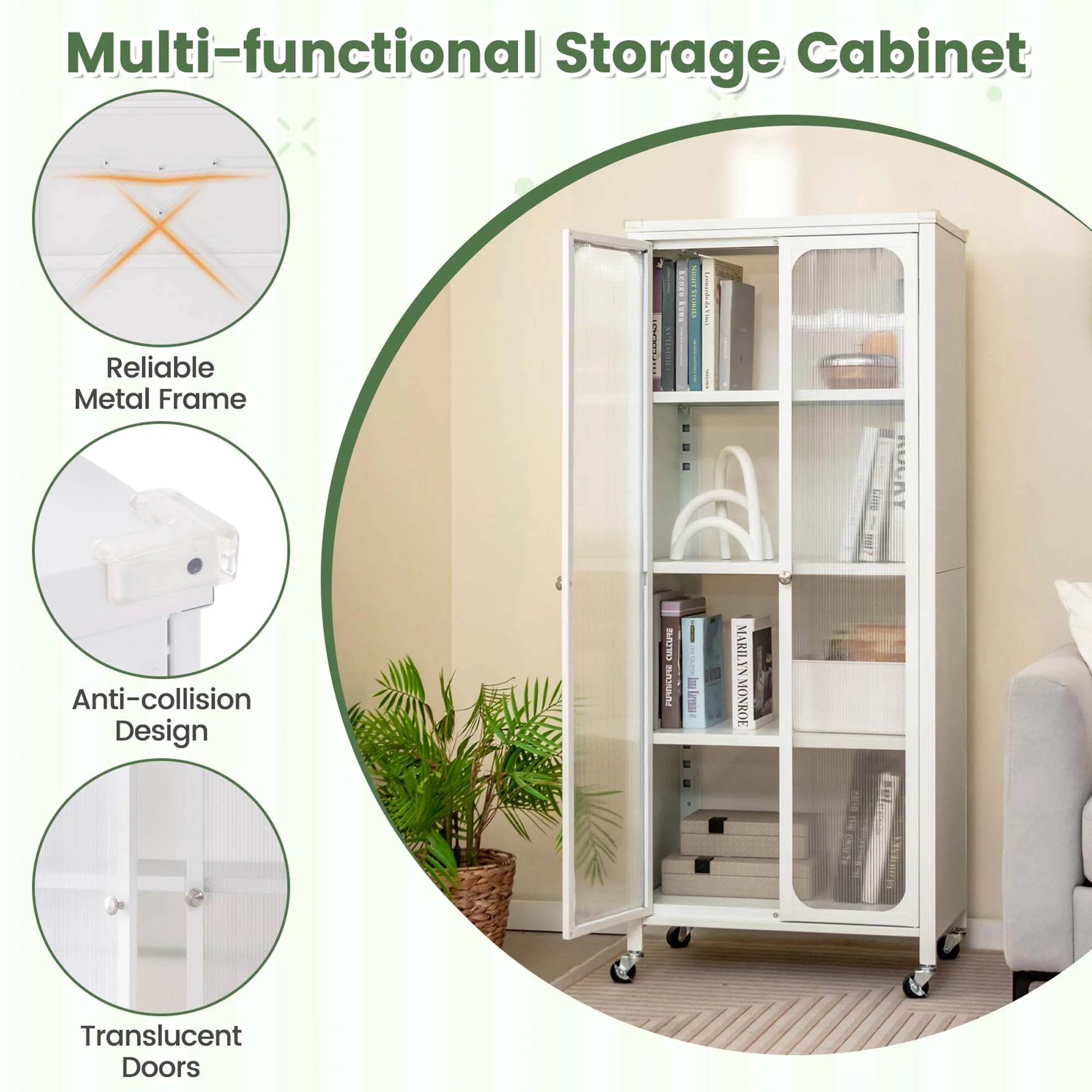 Costway Storage Cabinet with Wheels & 2 Translucent Doors Adjustable Shelves Sideboard 24" x 14.5" x 58"