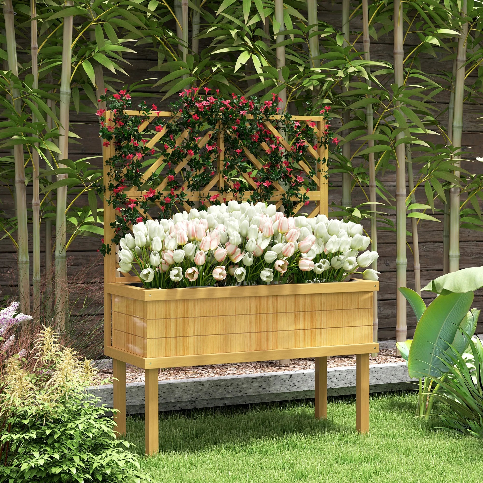 GHooa Raised Garden Bed with Trellis for Climbing Plants 41.25" W x 17.75" D x 55" H-Gray