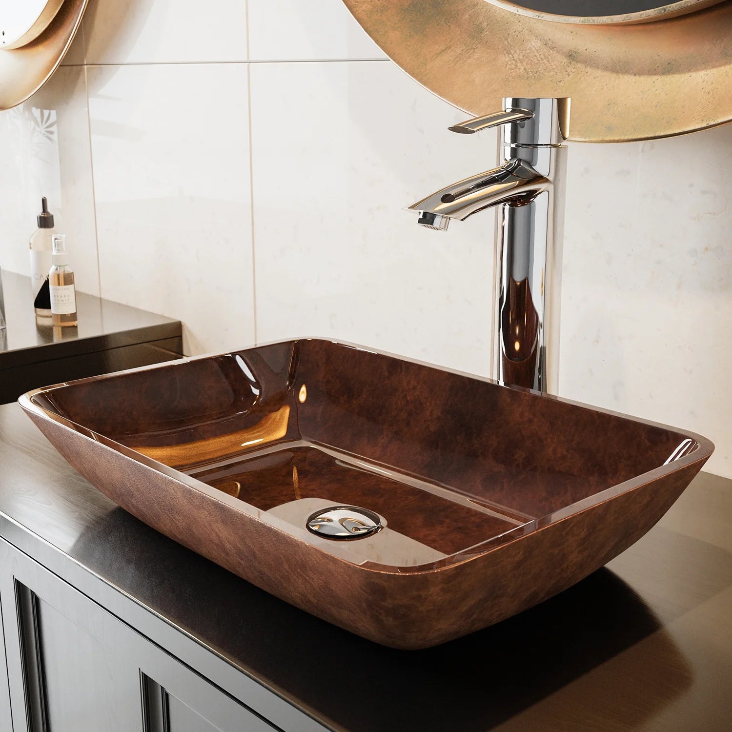VIGO Donatello Artistic Rubywood Glass 18 in. L x 13 in. W x 4 in. H Rectangular Vessel Bathroom Sink