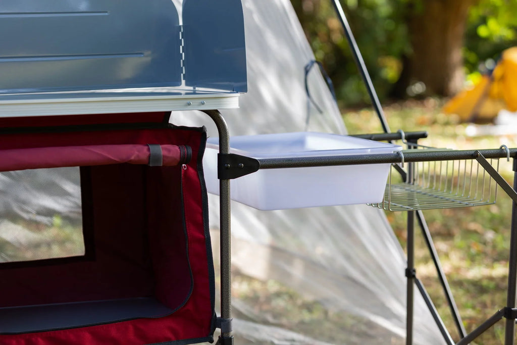 Trail Deluxe Camping Kitchen with Storage, Silver and Red, 31 Height" x 13 width" x 8.25 length"