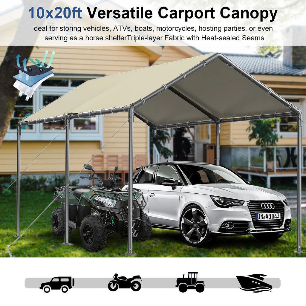 TANGJEAMER 10.00 x 20.00 x 9.20 Feet Beige Carport