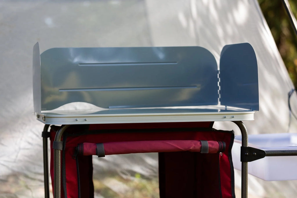 Trail Deluxe Camping Kitchen with Storage, Silver and Red, 31 Height" x 13 width" x 8.25 length"
