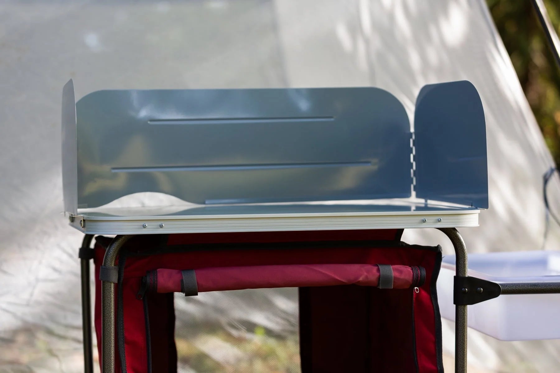 Trail Deluxe Camping Kitchen with Storage, Silver and Red, 31 Height" x 13 width" x 8.25 length"