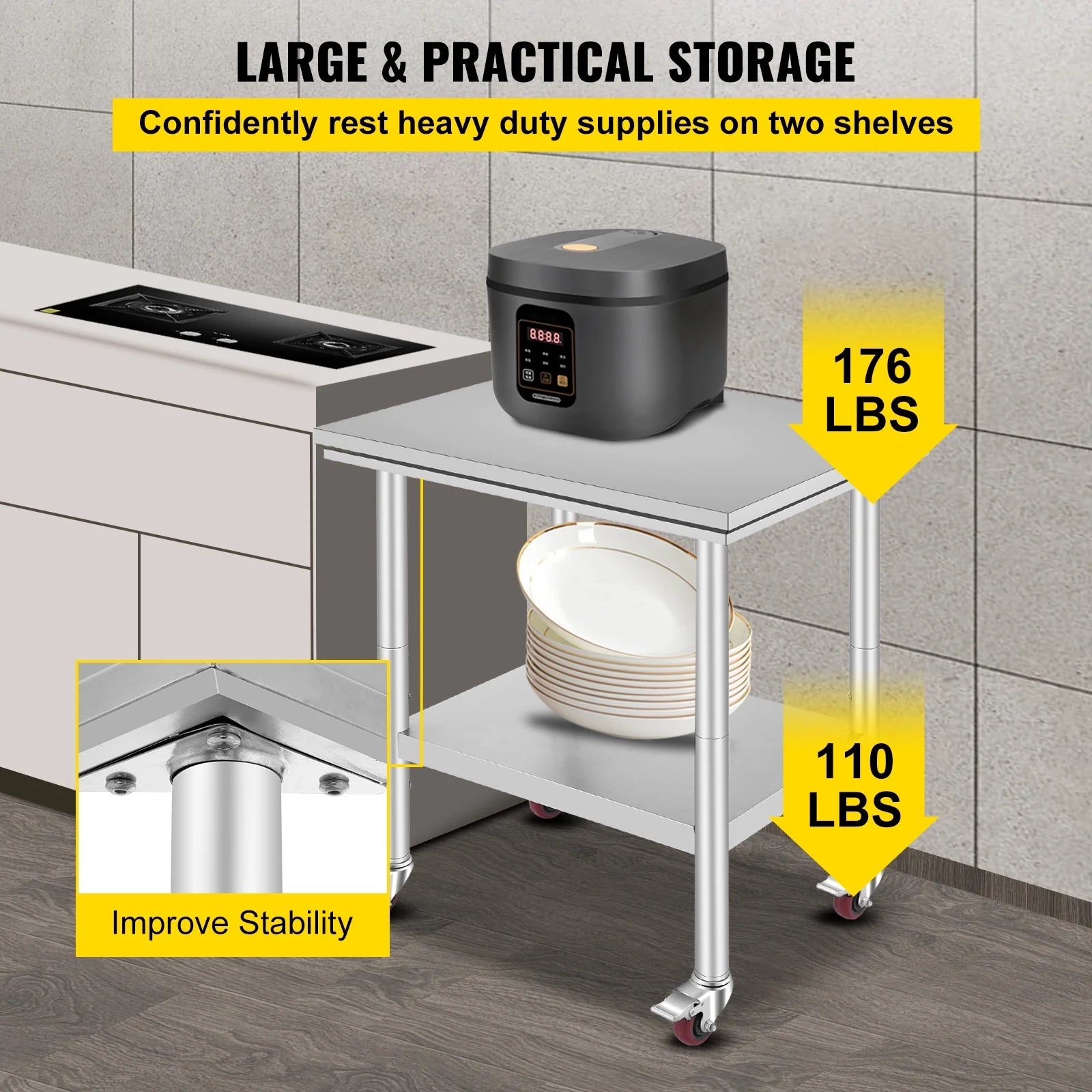 KFFKFF Stainless Steel Work Table with Wheels 24 x 30 Prep Table with casters Heavy Duty Work Table for Commercial Kitchen Restaurant Business (24 x 30 x 32 inch)