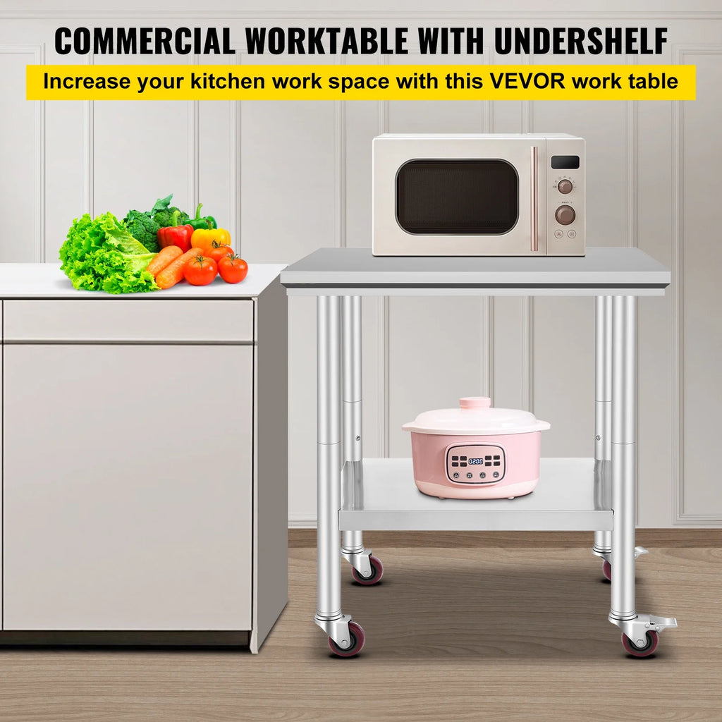 KFFKFF Stainless Steel Work Table with Wheels 24 x 30 Prep Table with casters Heavy Duty Work Table for Commercial Kitchen Restaurant Business (24 x 30 x 32 inch)