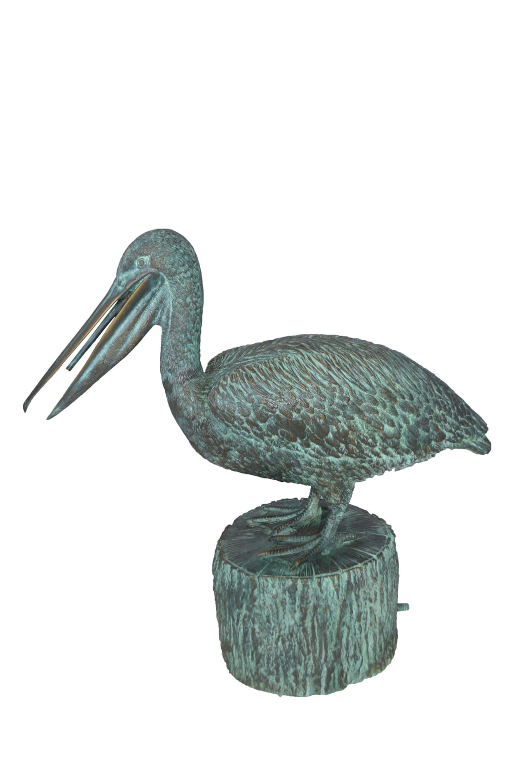 Nifao Pelican on a Tree Stump fountain bronze statue - Size: 30"L x 16"W x 46"H.