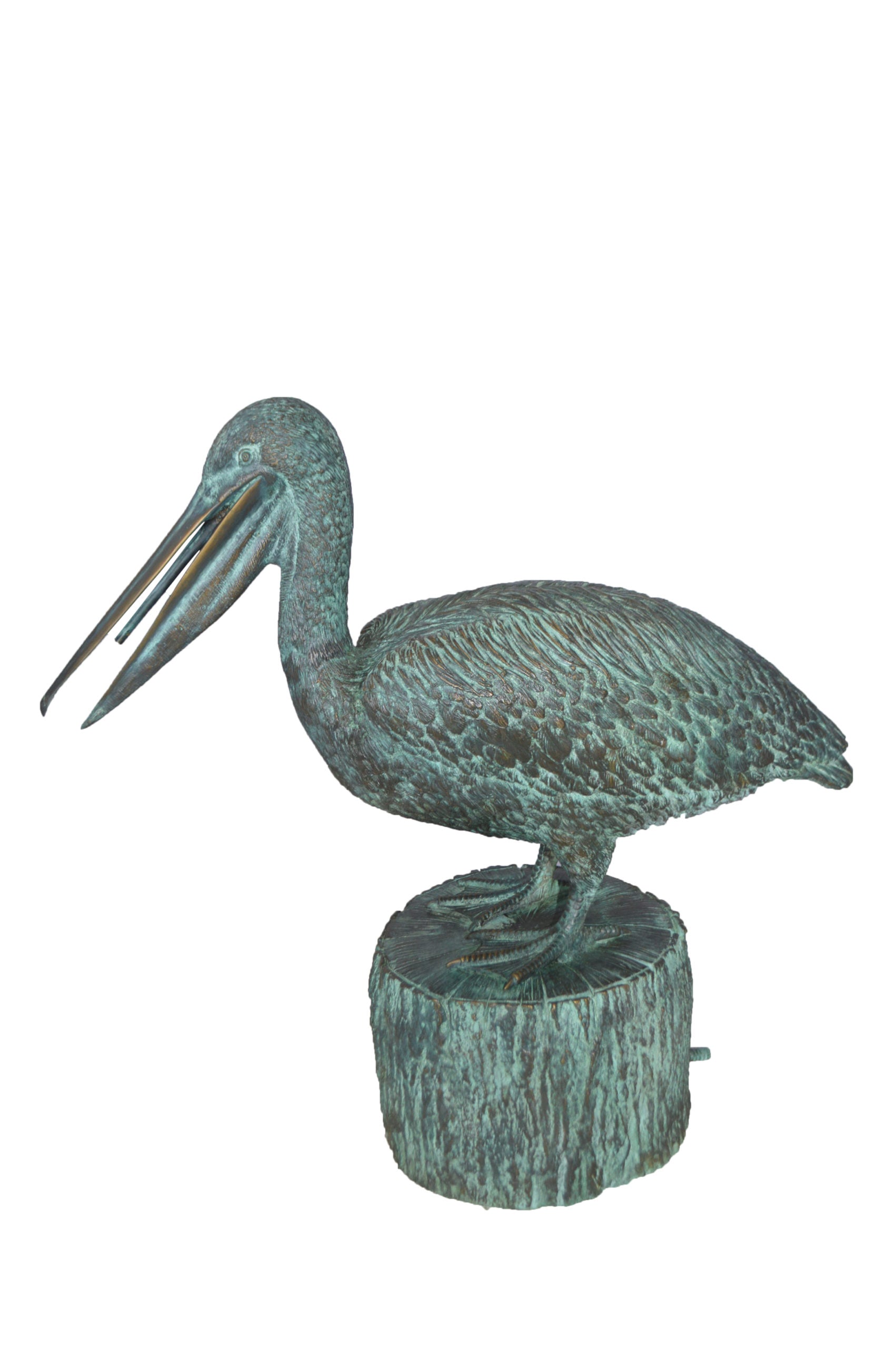Nifao Pelican on a Tree Stump fountain bronze statue - Size: 30"L x 16"W x 46"H.