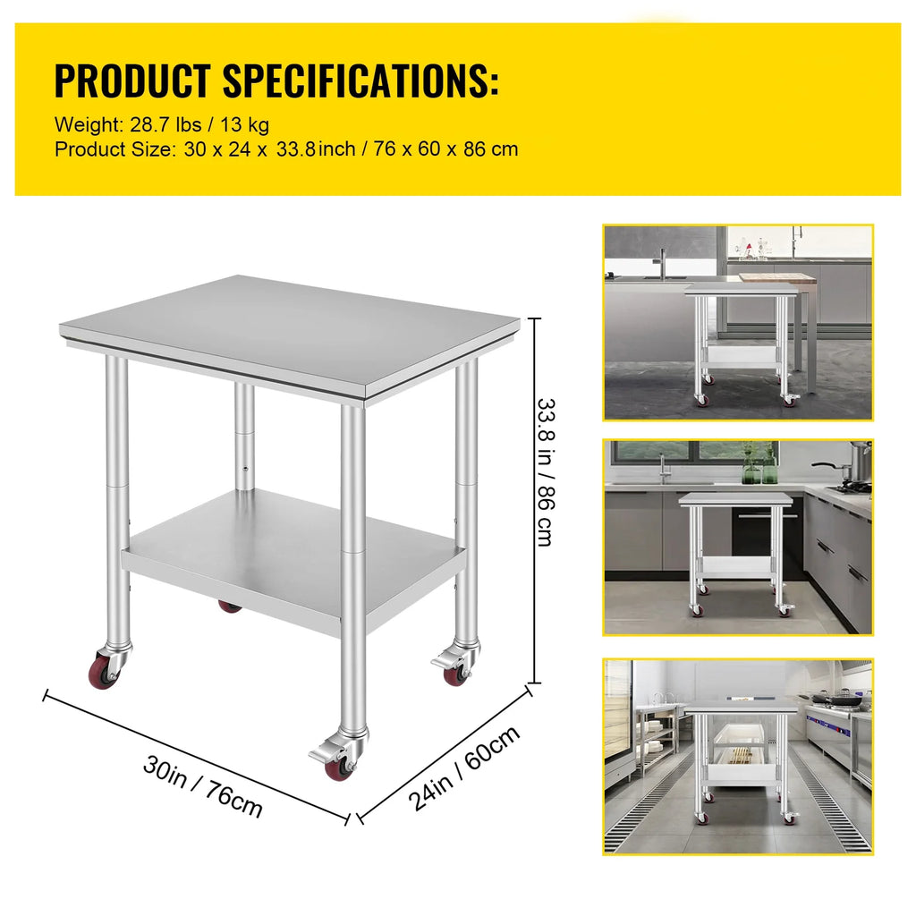 KFFKFF Stainless Steel Work Table with Wheels 24 x 30 Prep Table with casters Heavy Duty Work Table for Commercial Kitchen Restaurant Business (24 x 30 x 32 inch)
